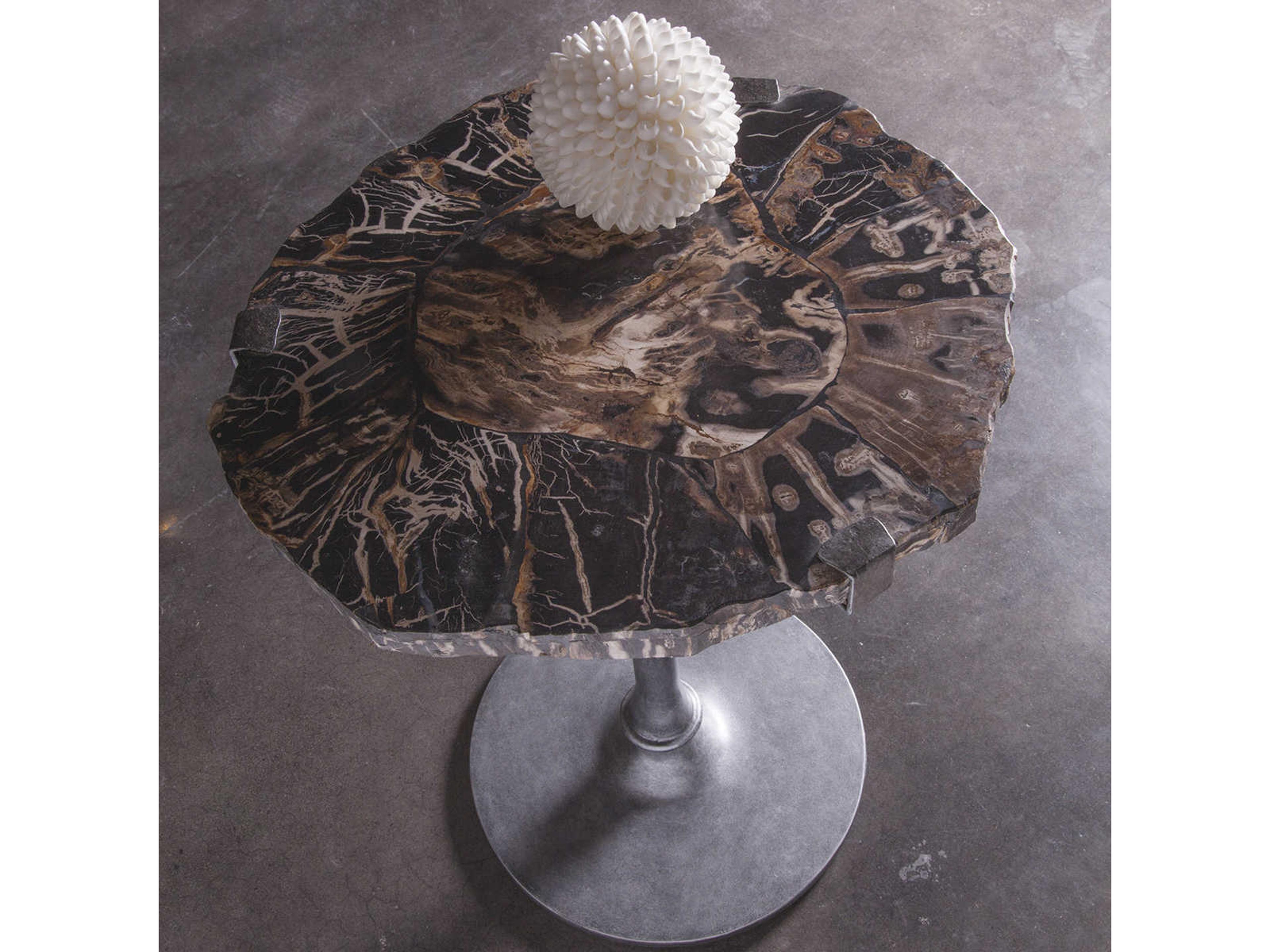 Artistica Peck Kane Round Petrified Wood & Gold Leaf With Antique Iron End Table