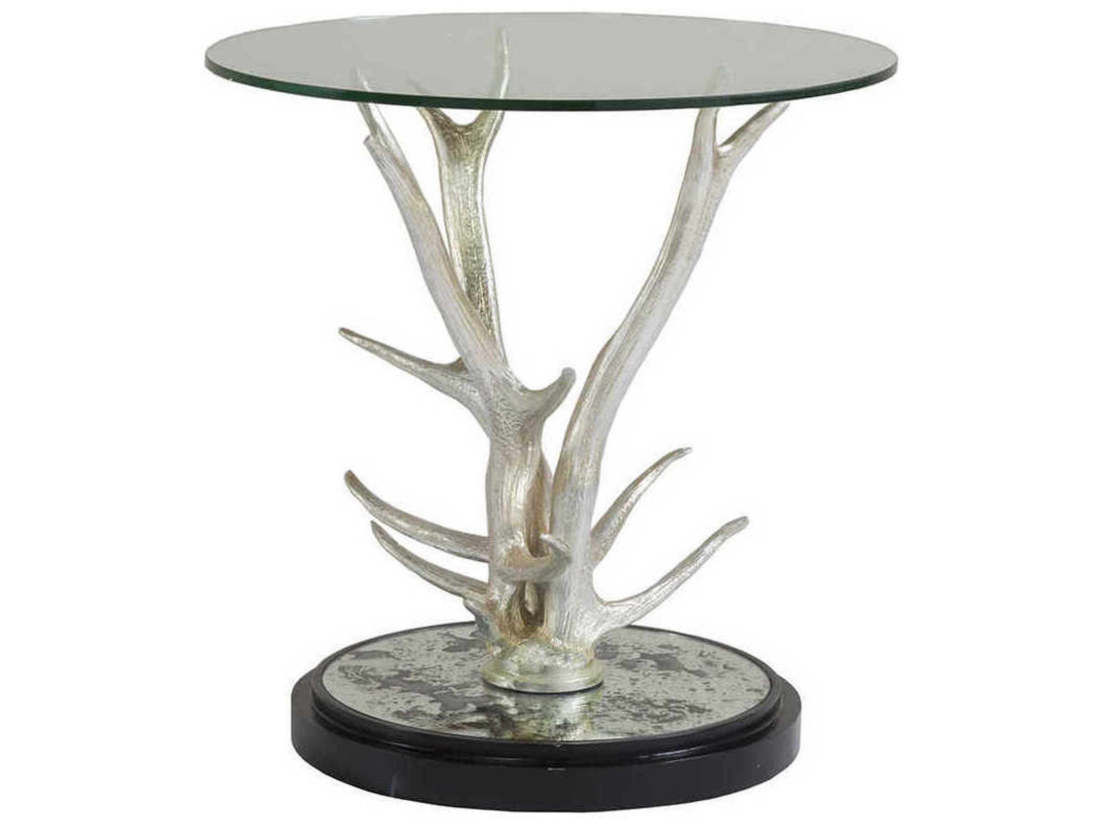 Teton Round Glass Silver Leaf With Antique Mirror End Table