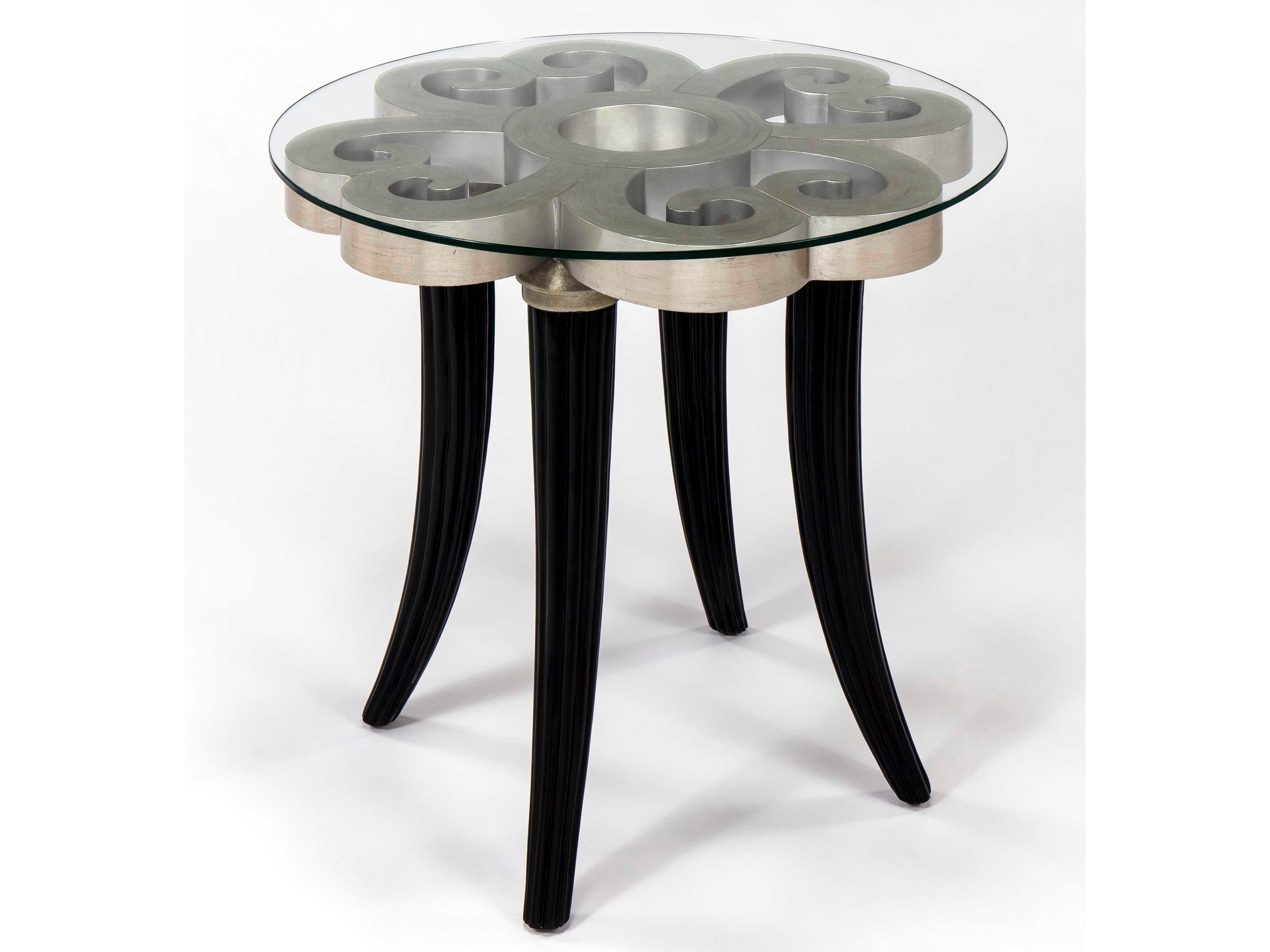 Round Glass Warm Silver Leaf Dark Espresso End Table