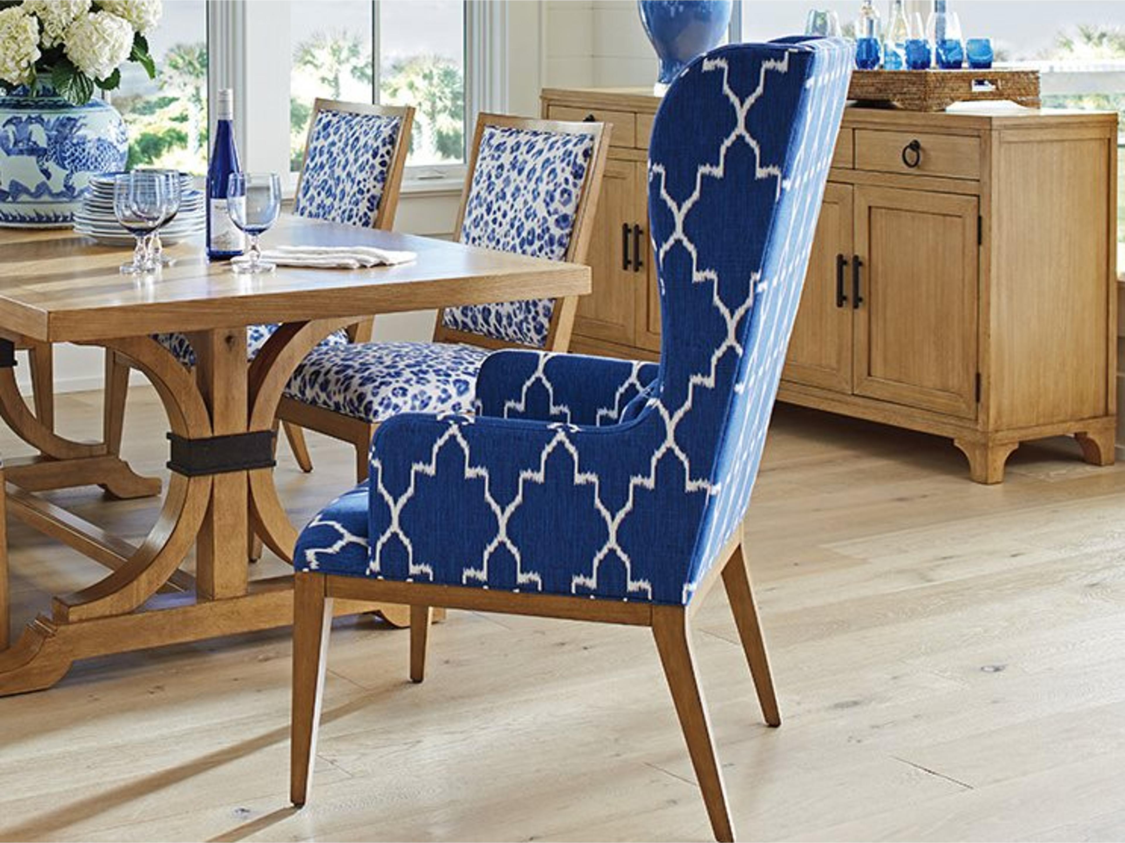 Barclay Butera Newport Seacliff Leather Blue Upholstered Arm Dining Chair