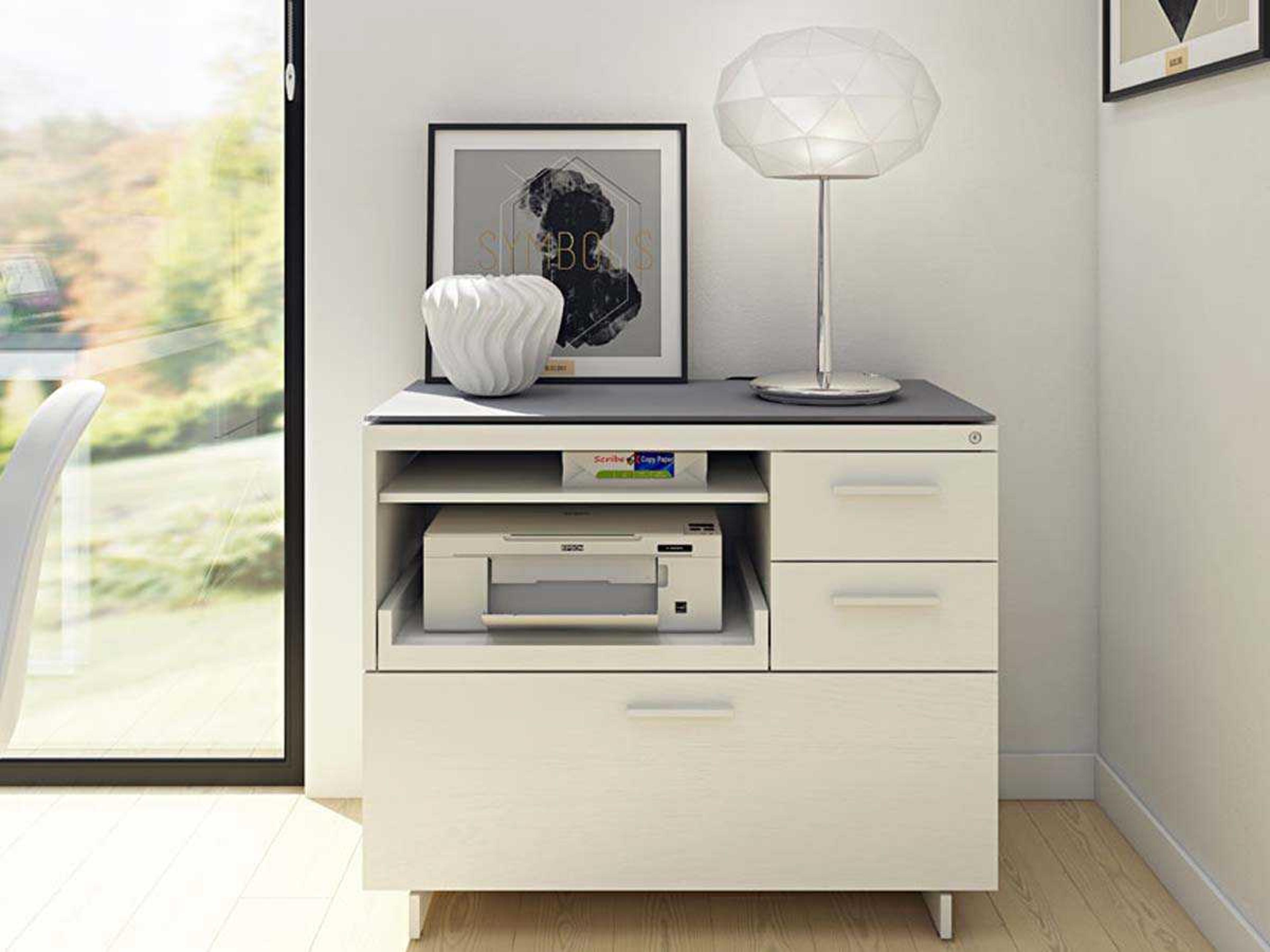 BDI Centro Satin White & Grey Etched Glass File Cabinet