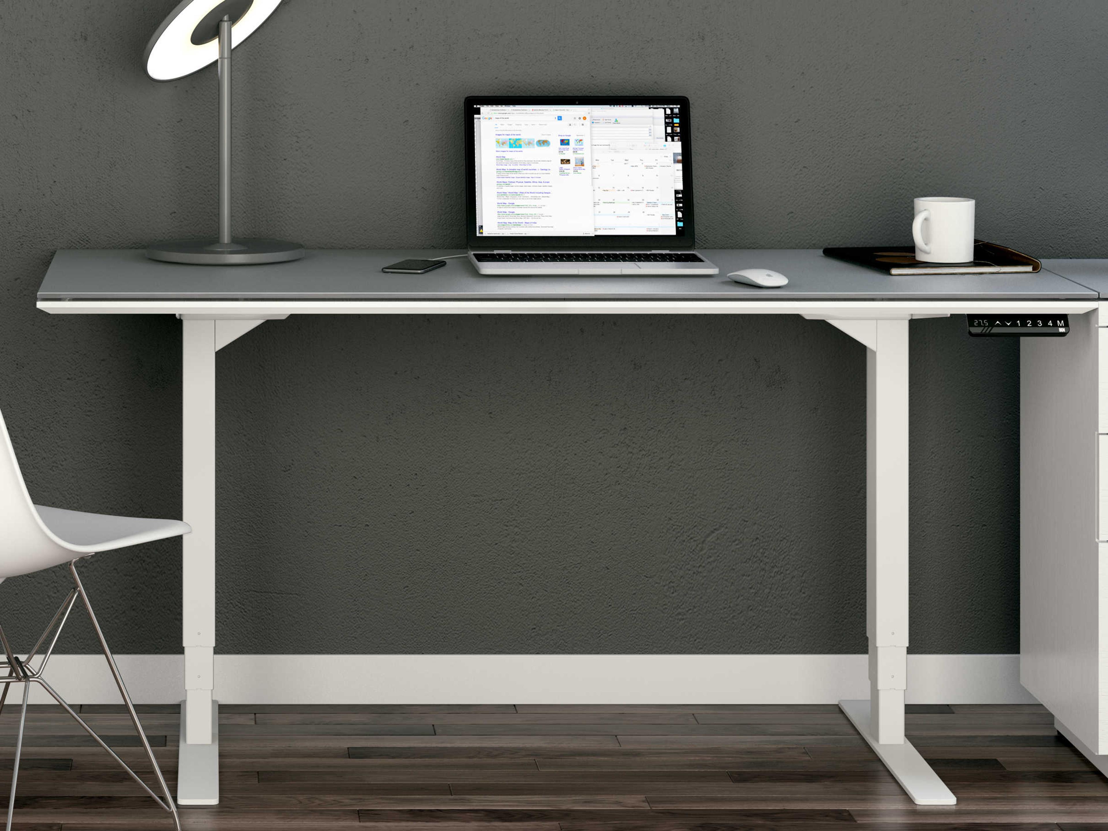 BDI Centro Height Adjustable & Standing Satin White Grey Etched Glass Desks