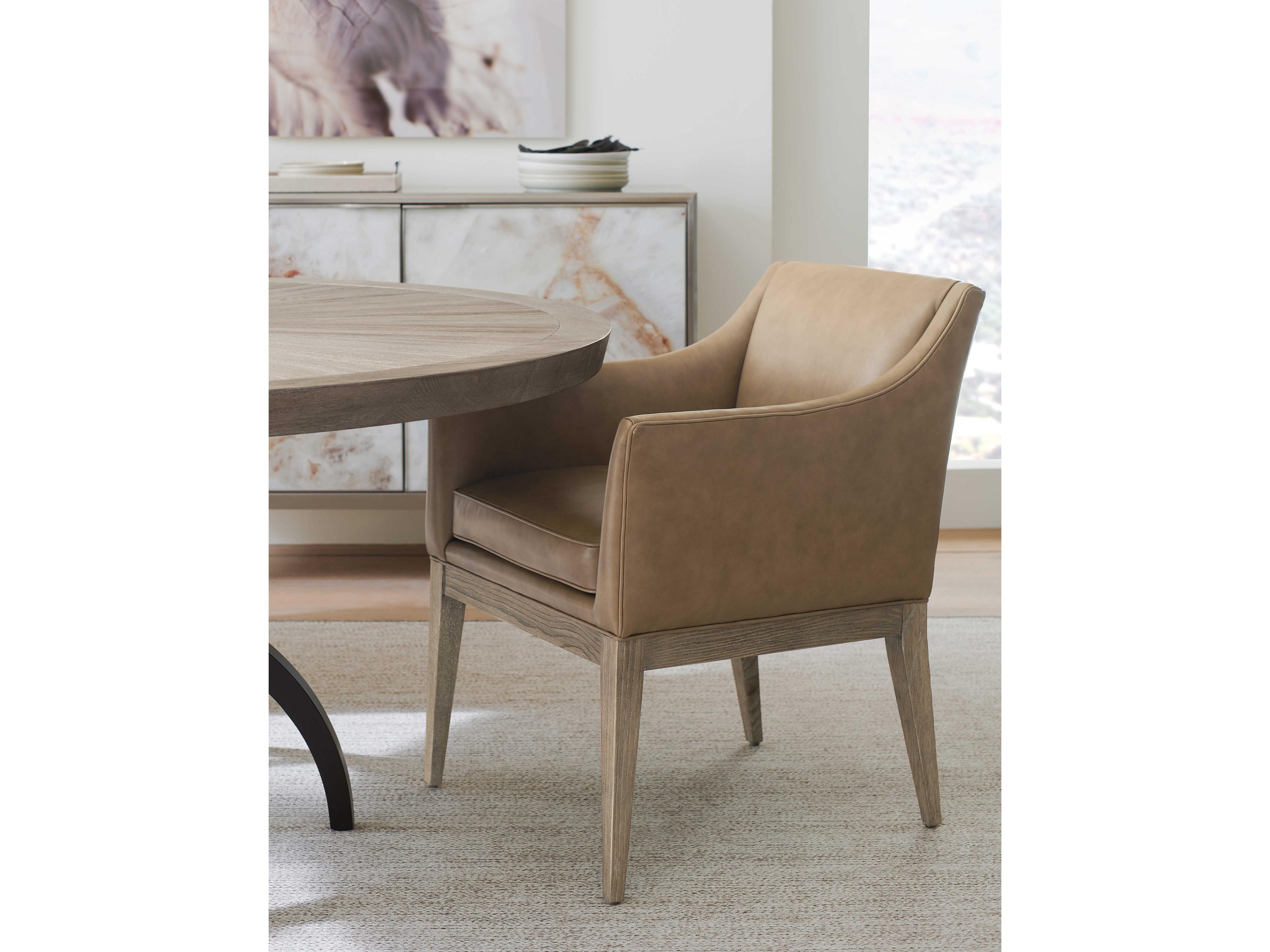 Caracole Classic Free and Easy Leather Ash Wood Brown Upholstered Arm Dining Chair