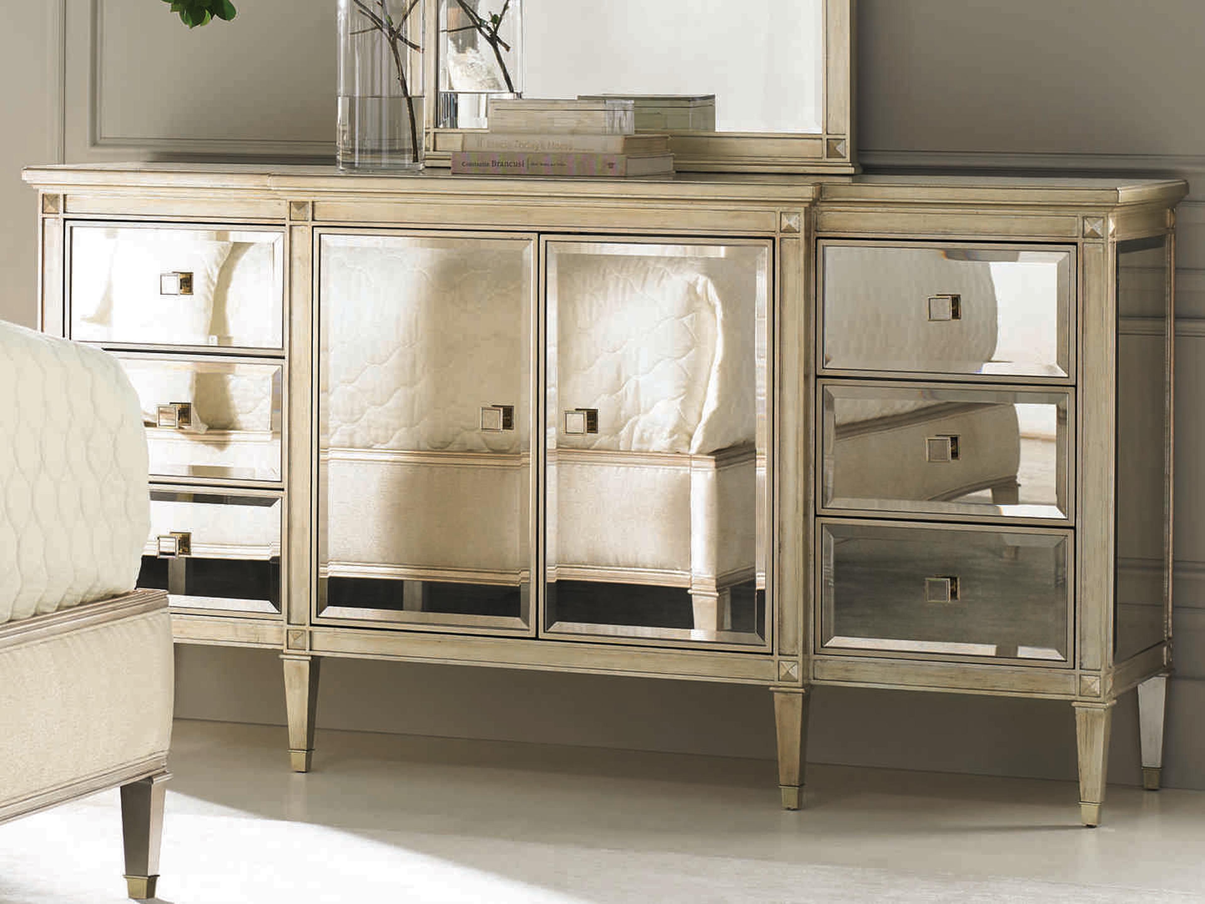 Caracole Classic La Dee-Dah Silver Leaf and Antique Mirrored 6-Drawers Double Dresser