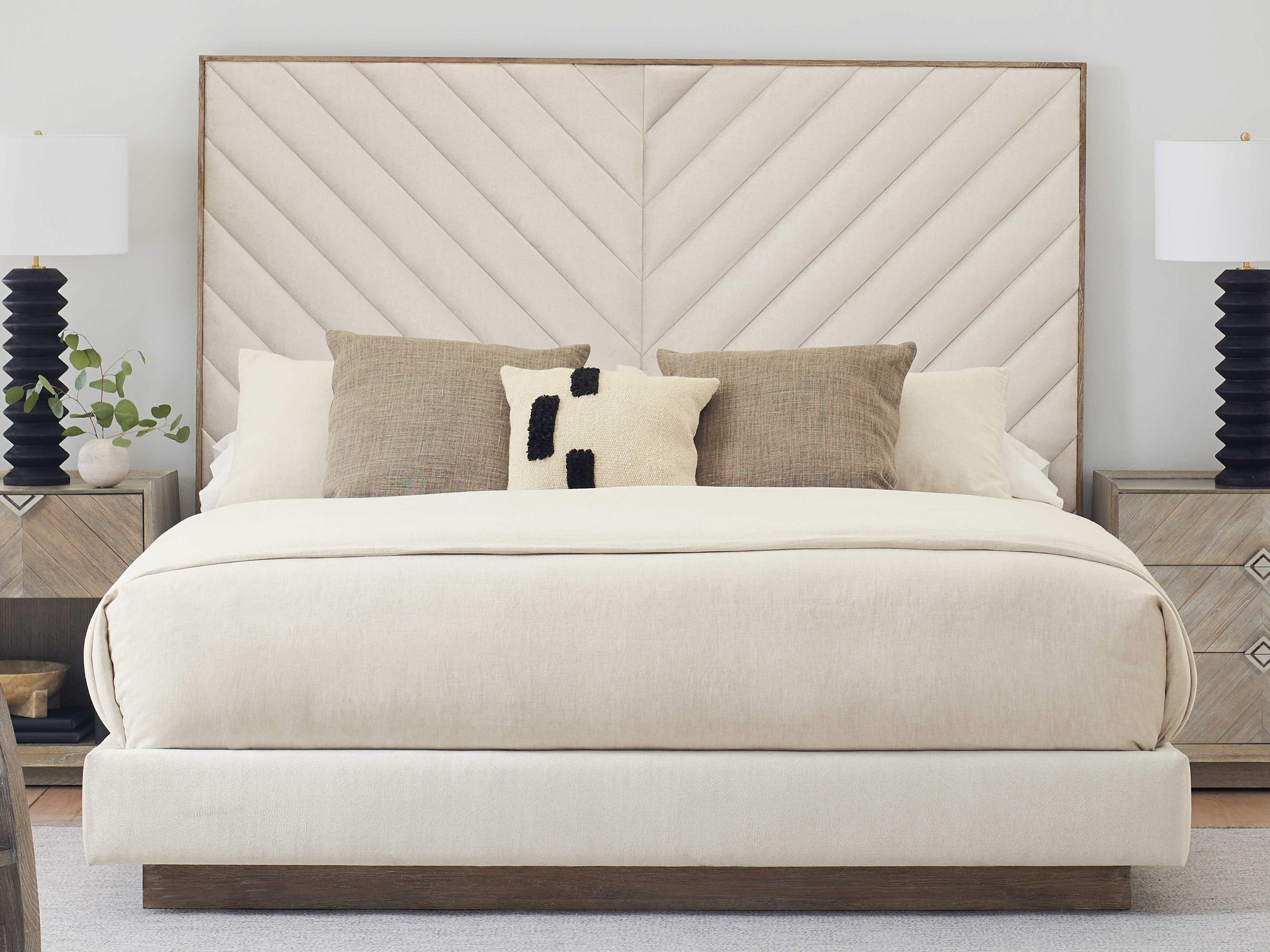 Caracole Classic Meet U in The Middle Ash Driftwood White Wood Upholstered Queen Platform Bed