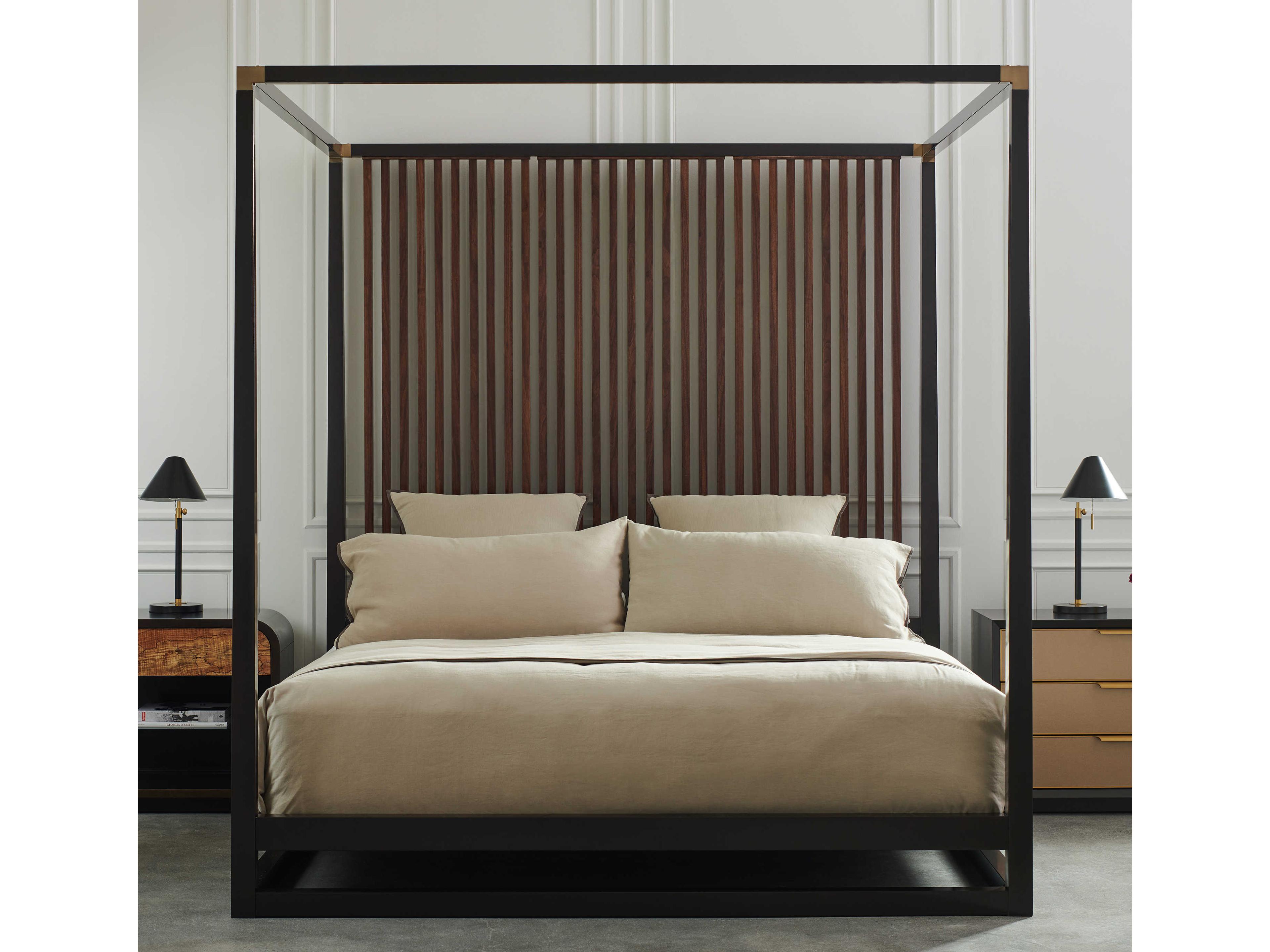 Caracole Classic Pinstripe Dark Chocolate Rich Walnut Brown Wood King Canopy Bed