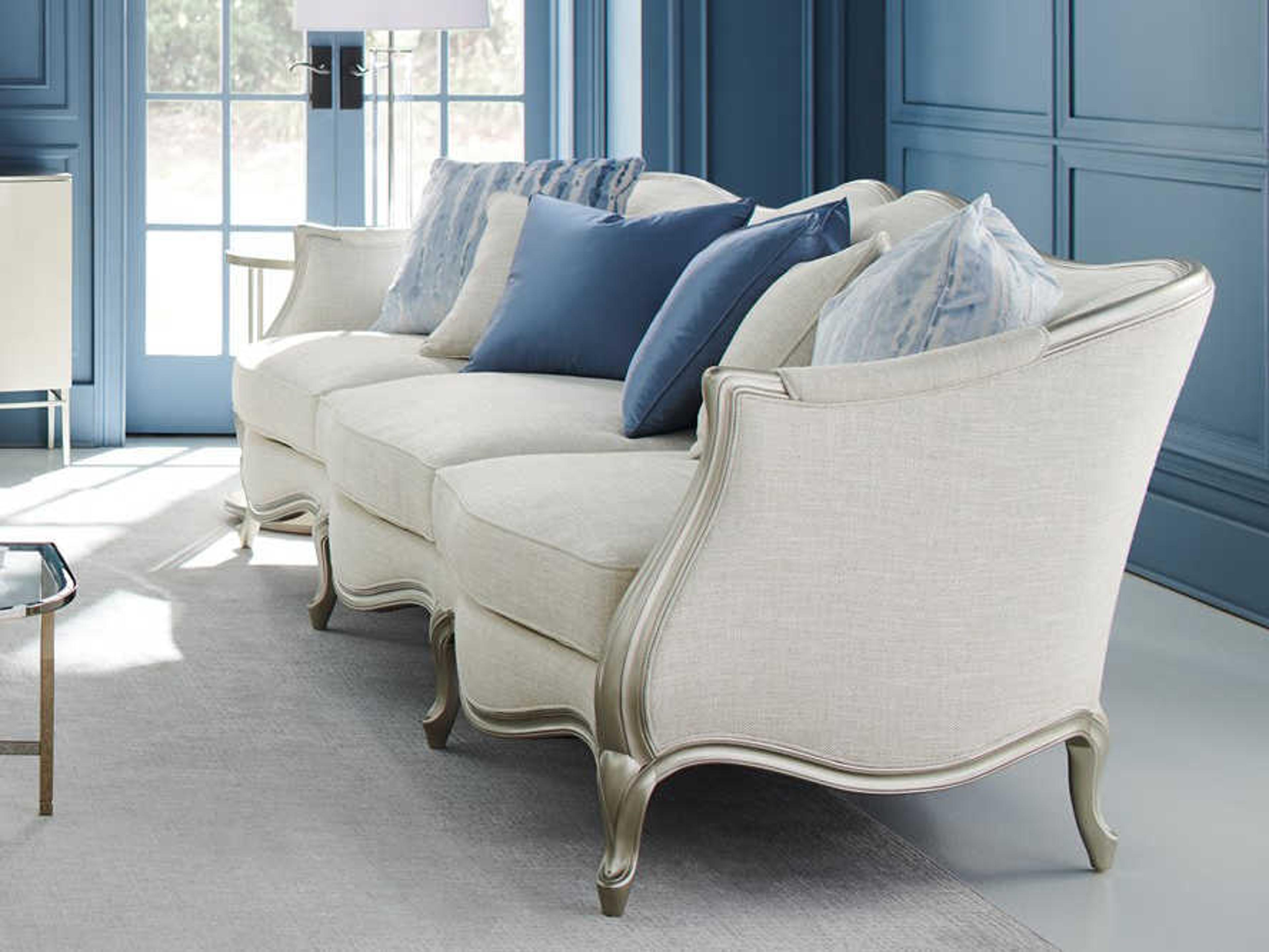 Caracole Classic Special Invitation Soft Silver Paint White Upholstered Sofa
