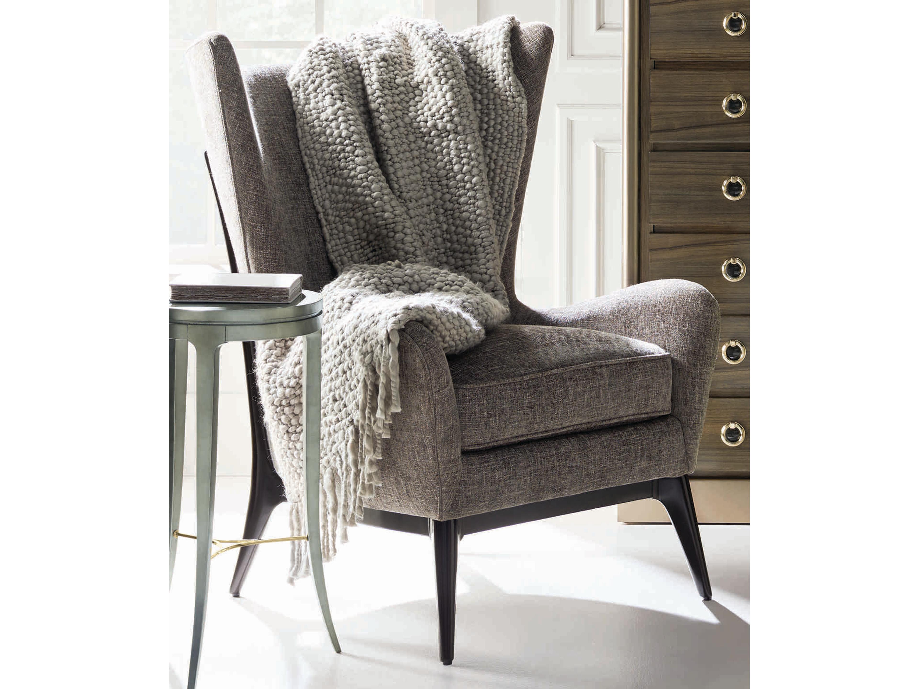 Caracole Upholstery Whats New Pussycat? Mid Century Wingback Gray Fabric Accent Chair