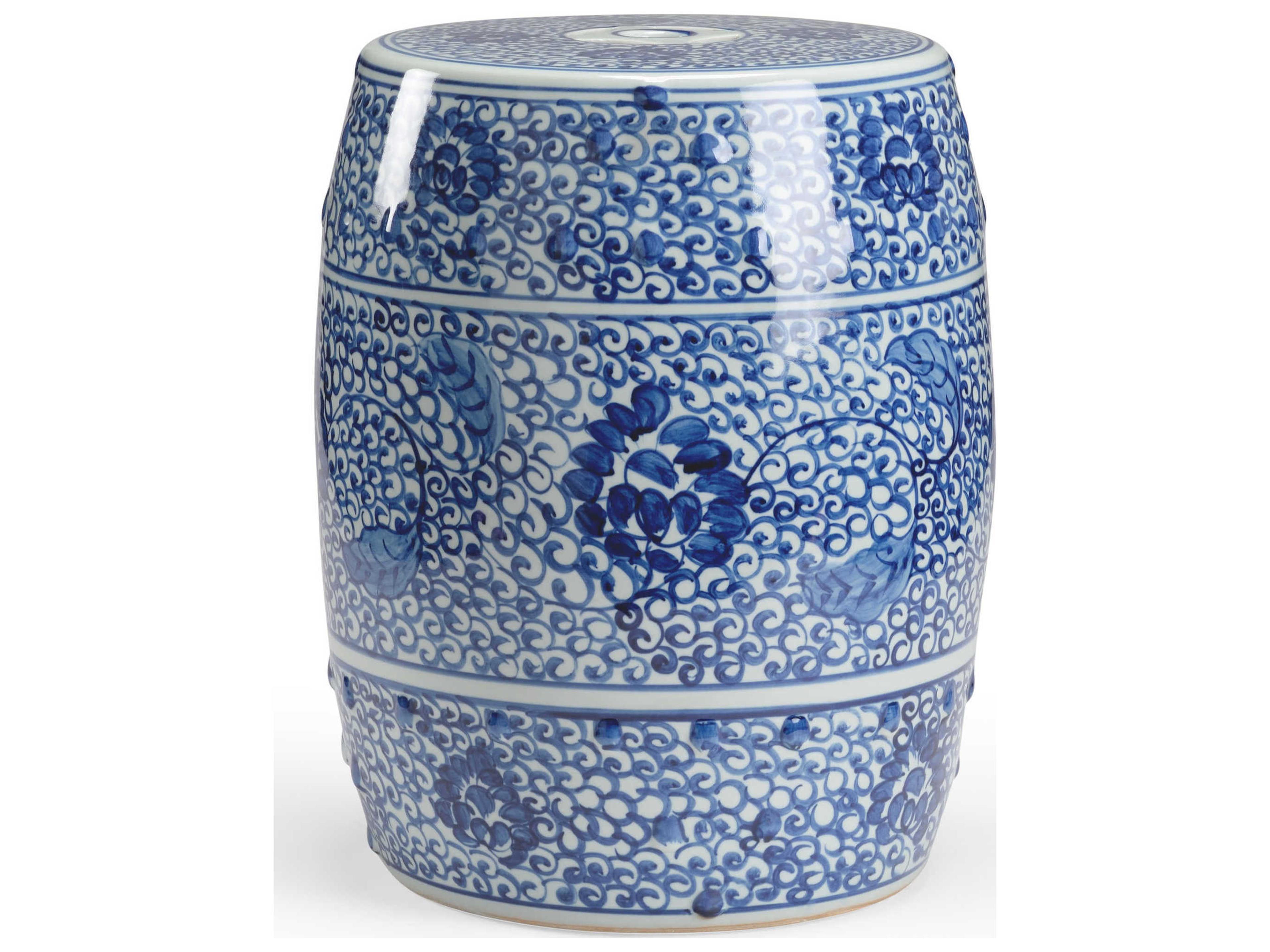 Zue Garden Seat White Glazed Ceramic with Hand Painted Blue Design