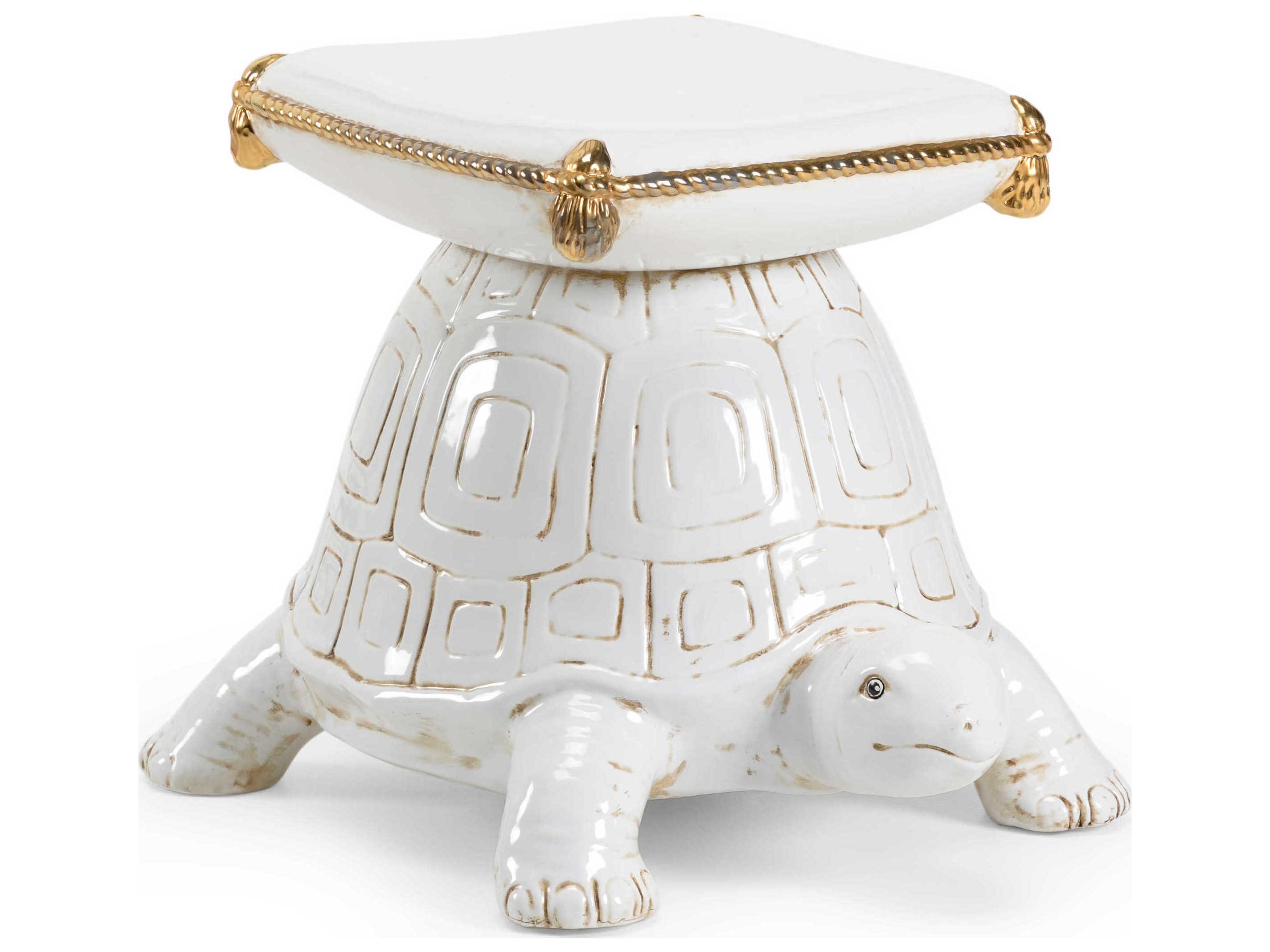 Turtle Garden Seat Glazed Ceramic in Antique White and Gold