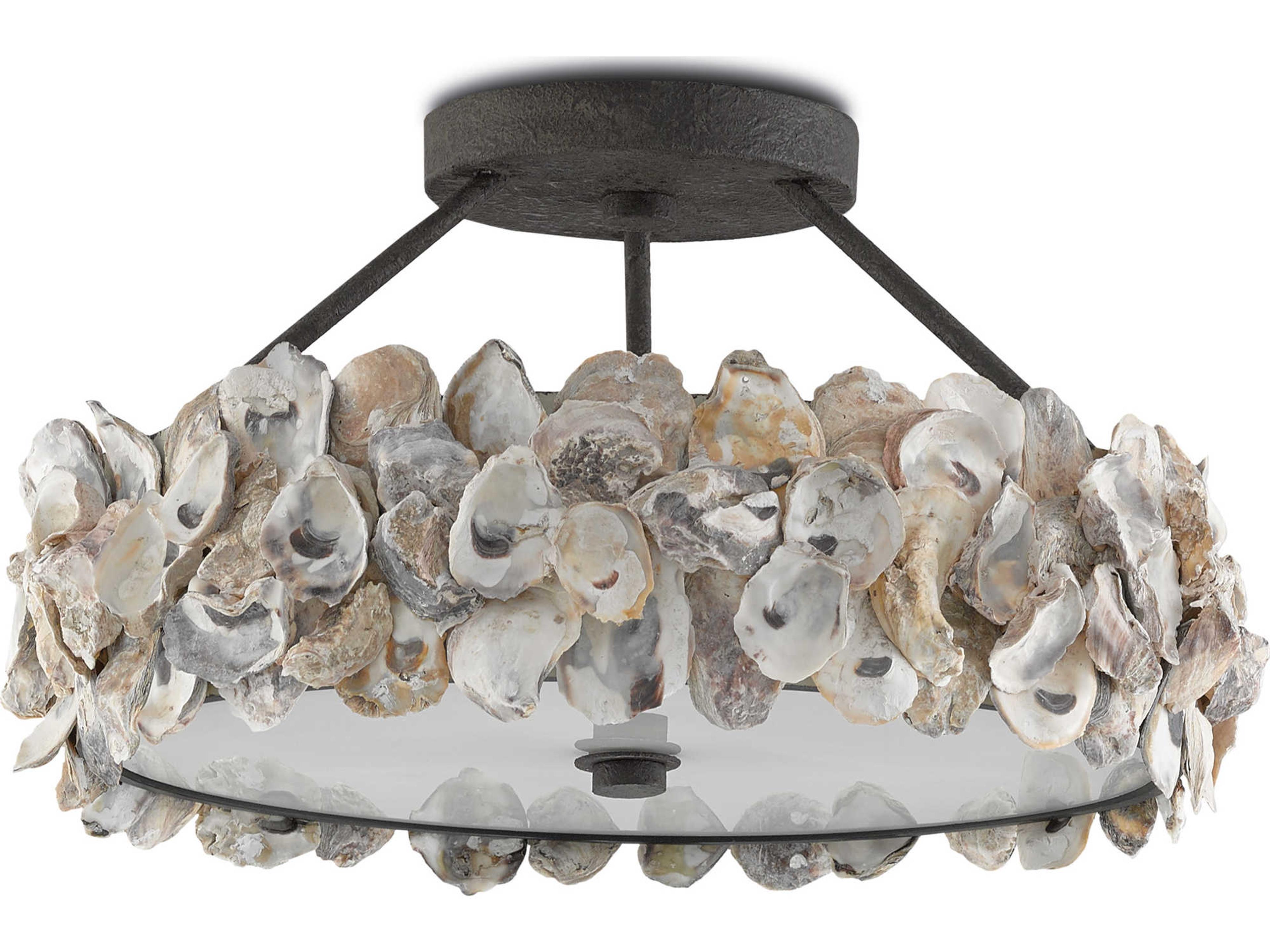 Oyster 3-Light Textured Bronze Natural Geometric Round Semi Flush Mount