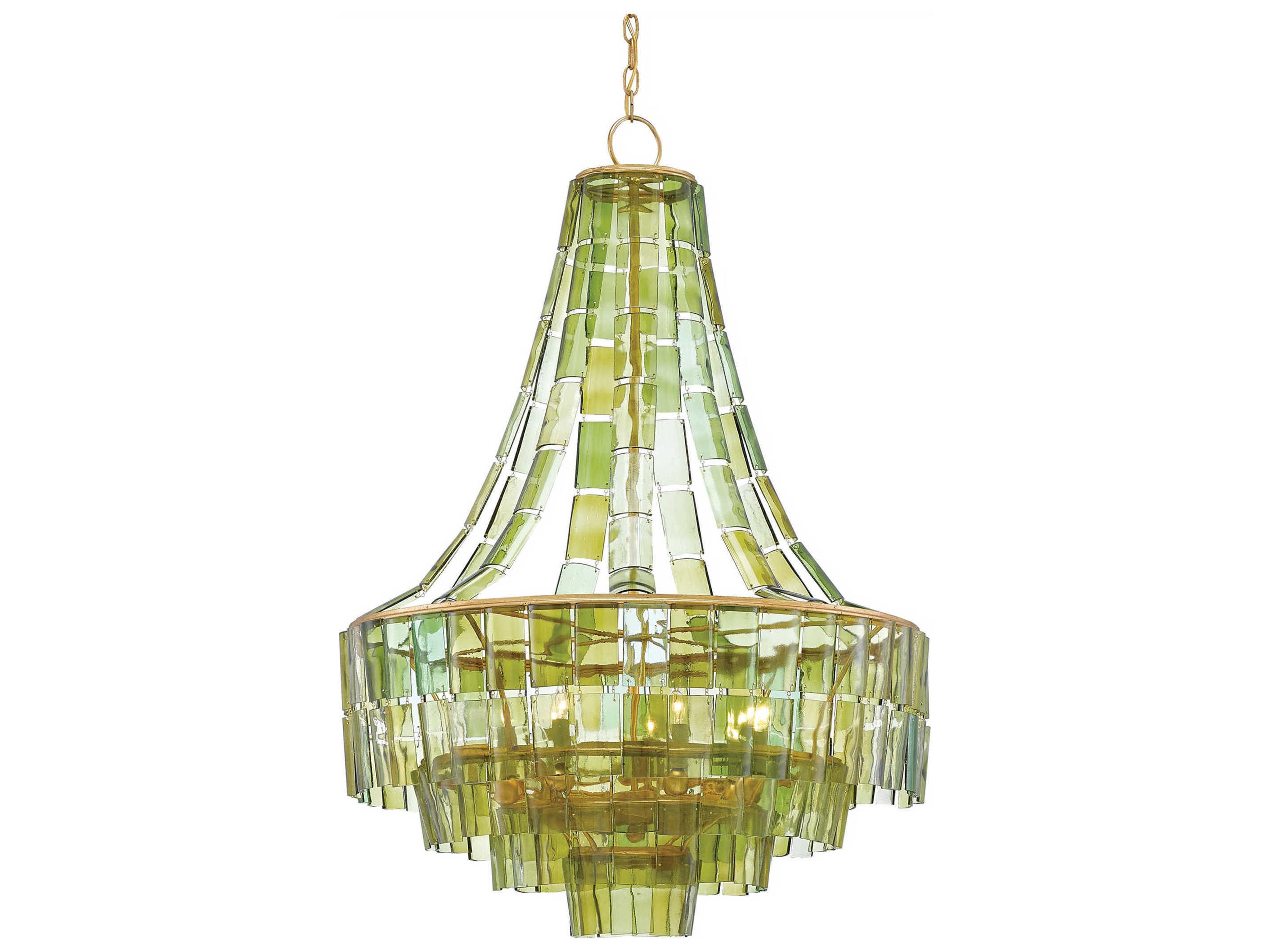 Vistas 7-Light Dark Contemporary Gold Leaf Green Glass Candelabra Geometric Chandelier