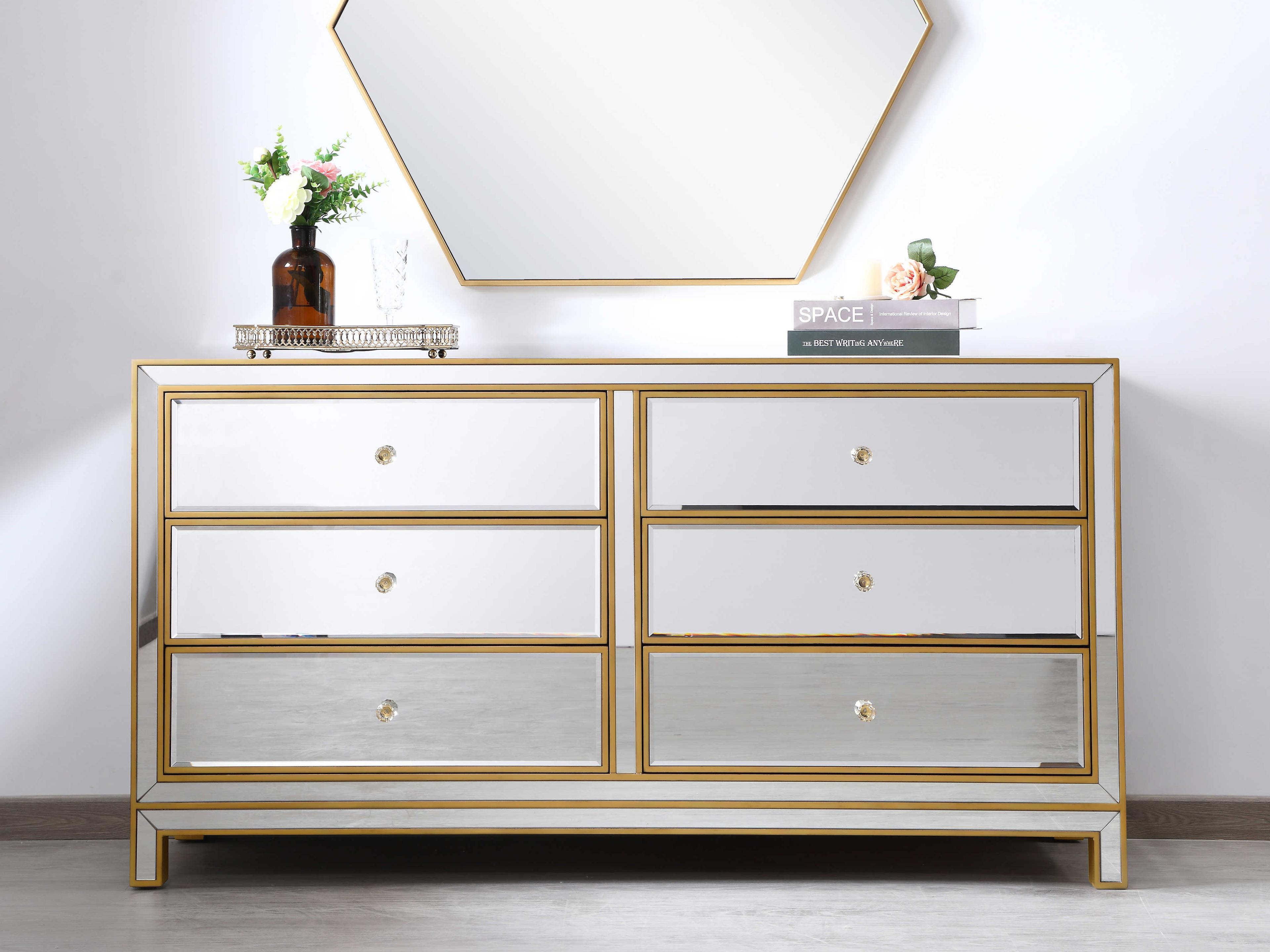 Elegant Lighting Reflexion 6-Drawers Mirrored Rubberwood Double Dresser