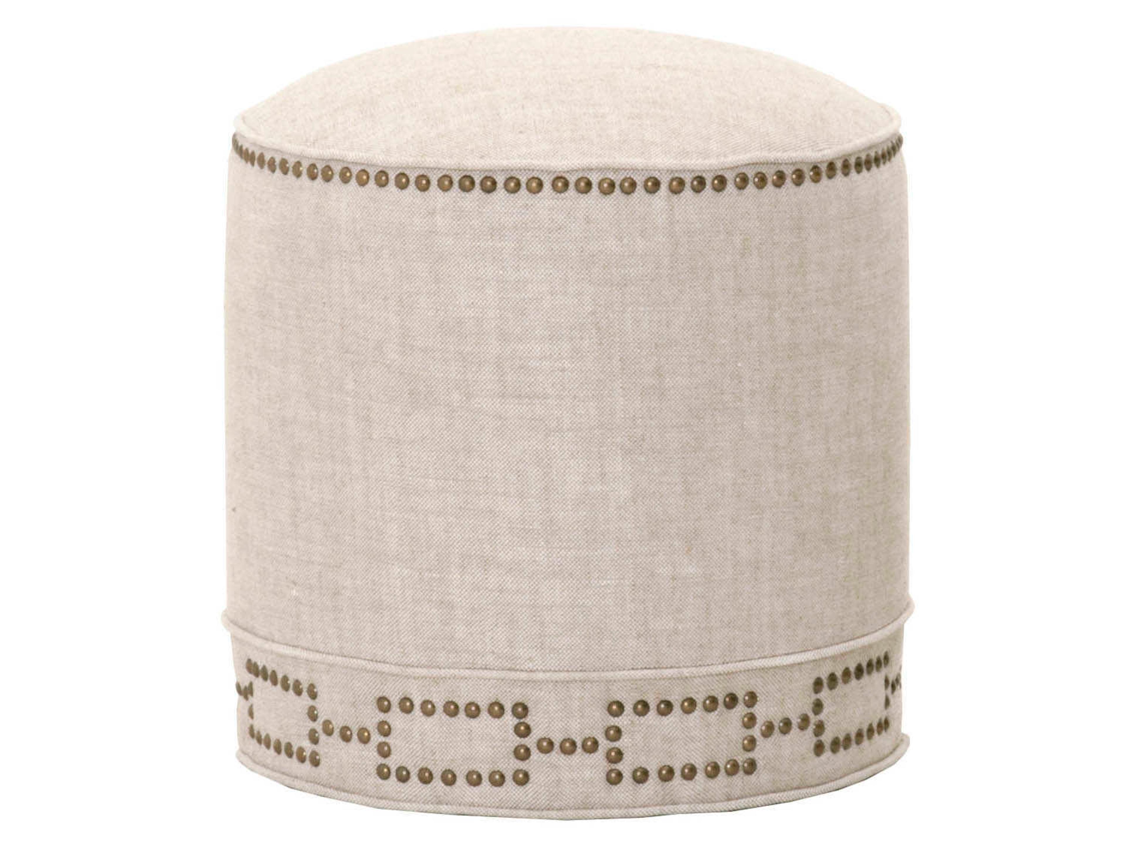 Marlow Upholstered Round Ottoman Bisque Linen with Gold Nailhead Trim