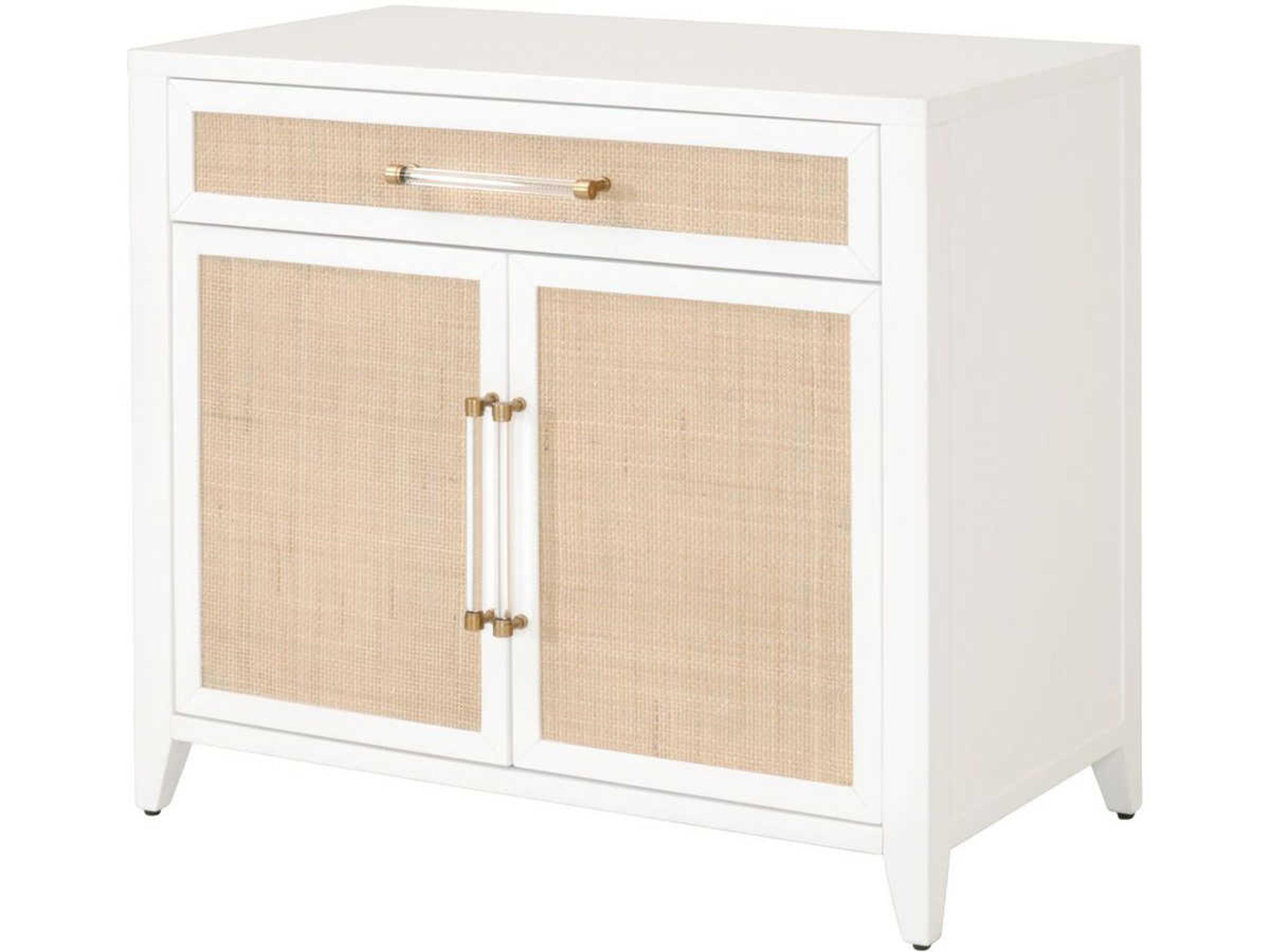 Traditions Matte White Natural Brushed Brass Rattan Accent Chest