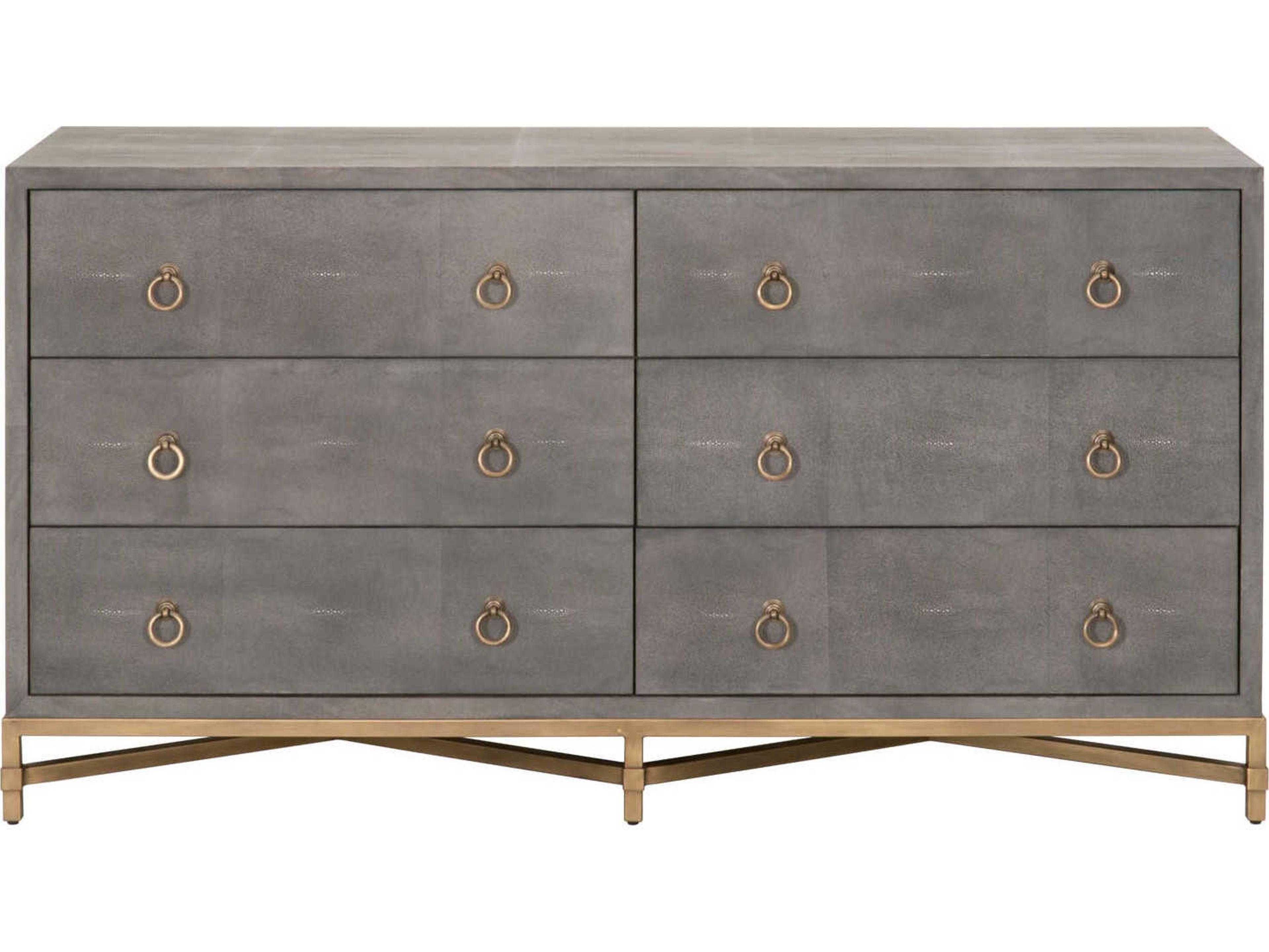 Strand 6-Drawer Double Dresser in Gray Faux Shagreen and Brushed Gold