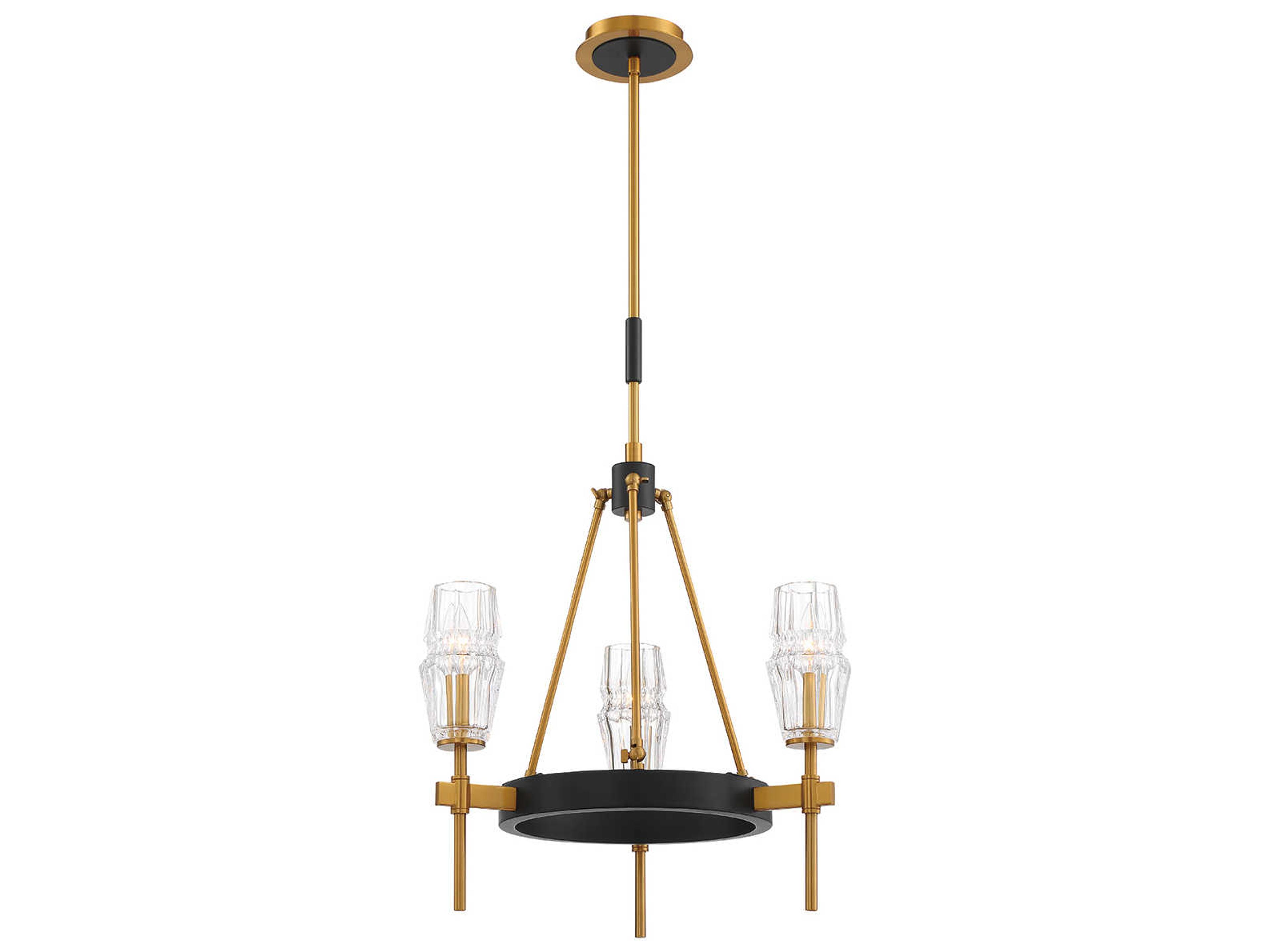 Gladstone 3-Light Antique Brass Black Glass Chandelier