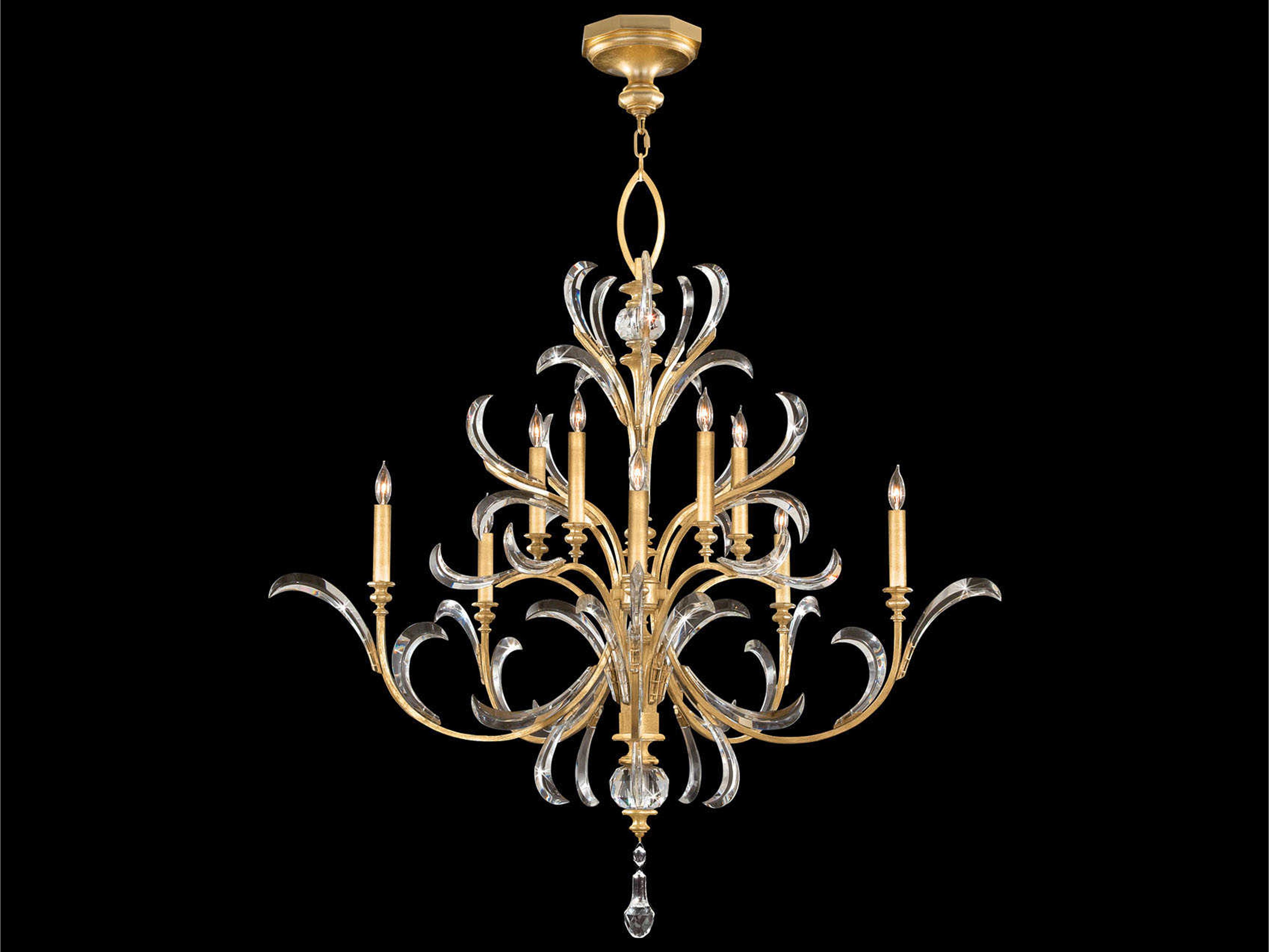 Beveled Arcs 10-Light Gold Leaf Crystal Candelabra Chandelier