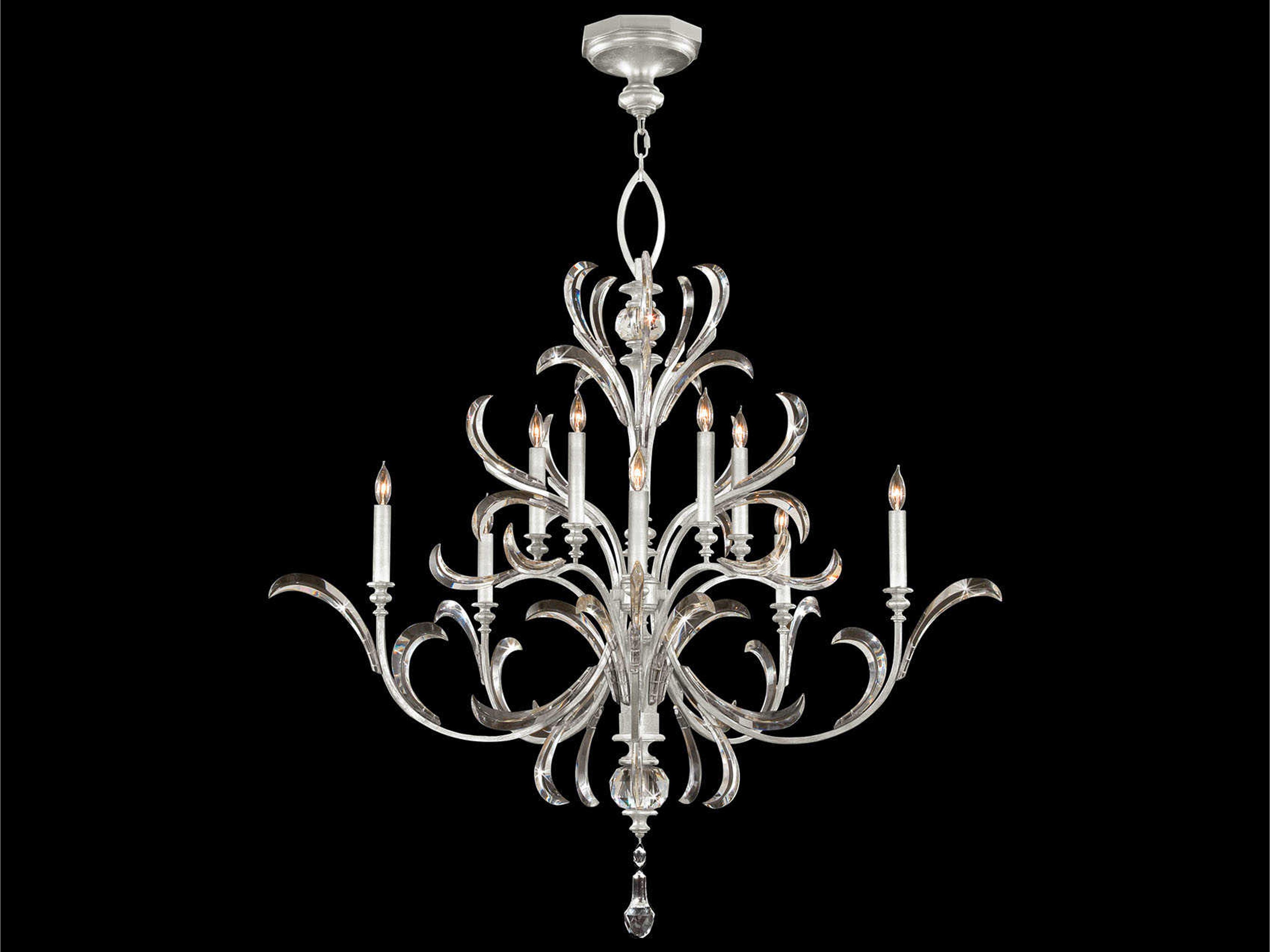 Beveled Arcs 10-Light Silver Leaf Crystal Candelabra Chandelier