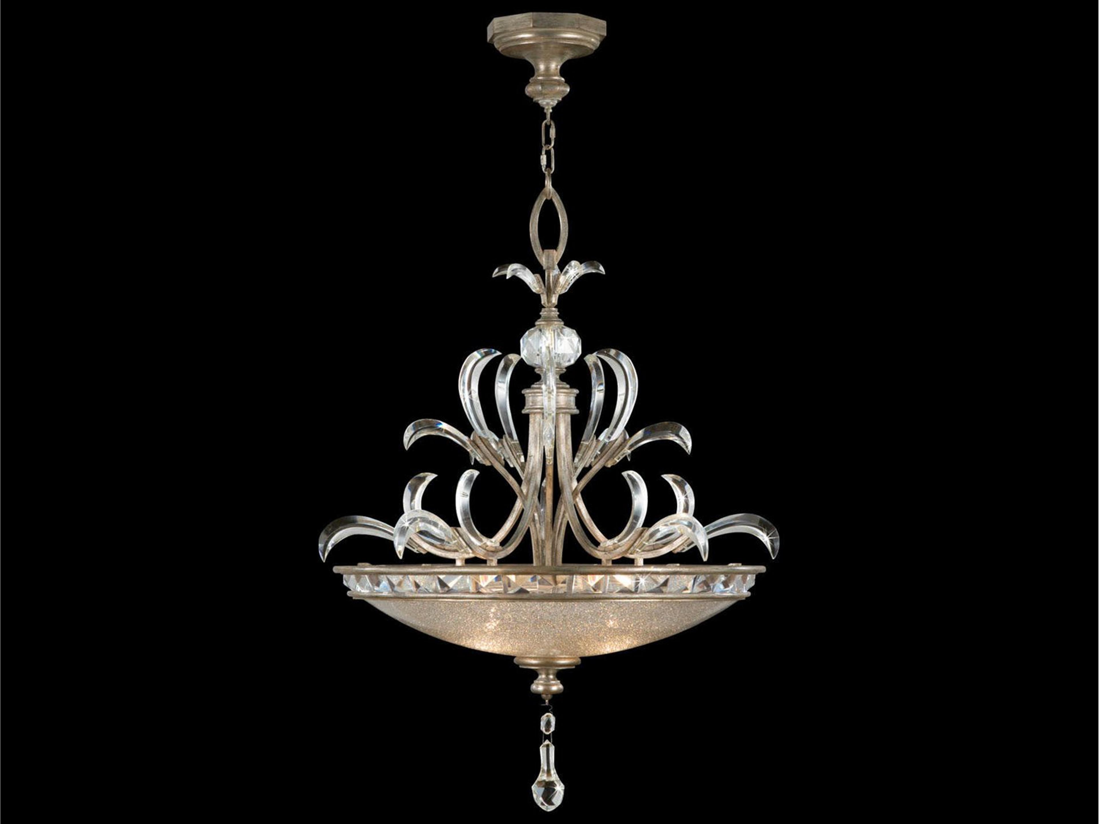 Beveled Arcs 3-Light Silver Crystal Bowl Pendant