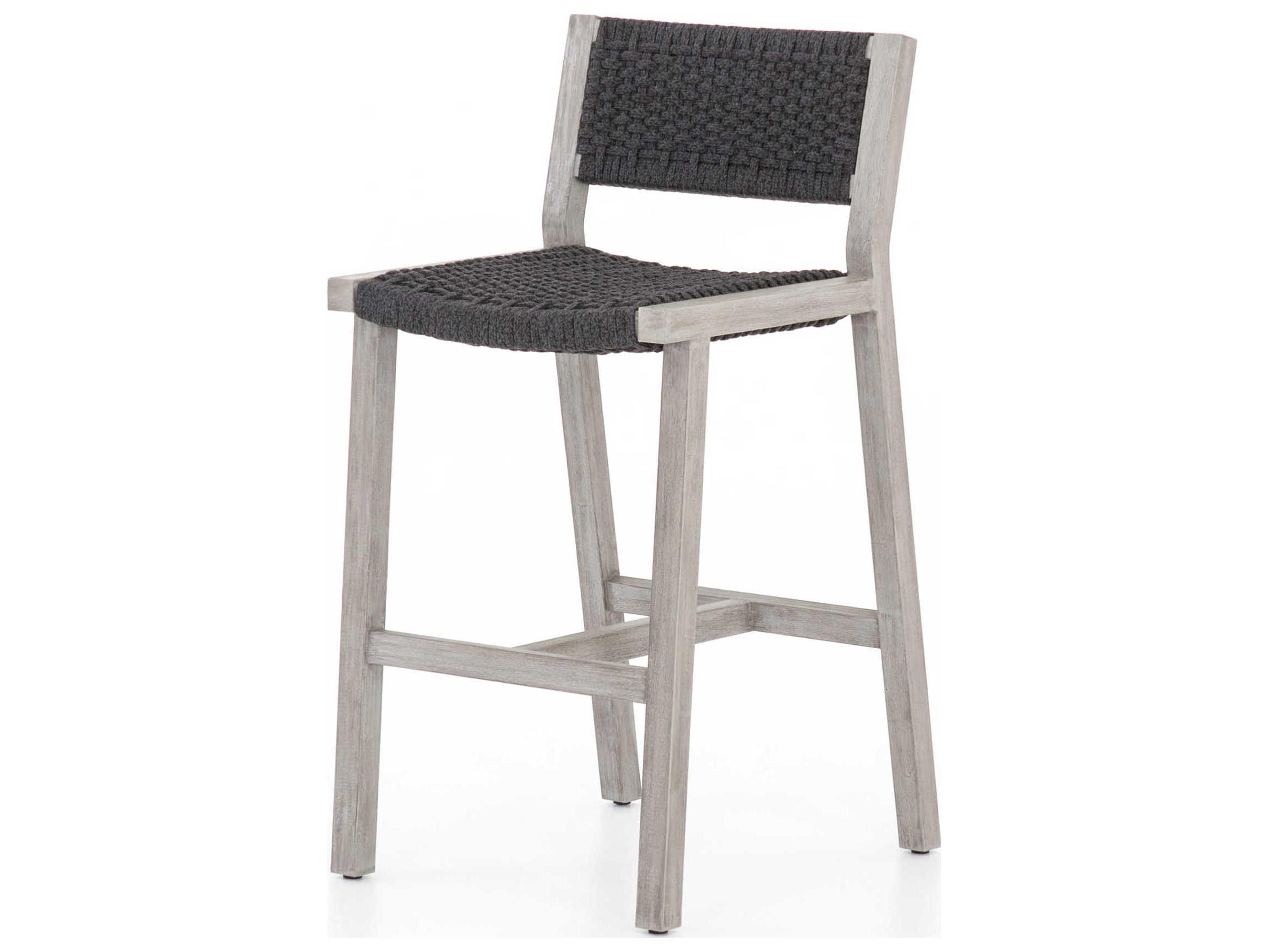 Solano Delano Teak Wood Thick Dark Grey Rope Weathered Bar Stool