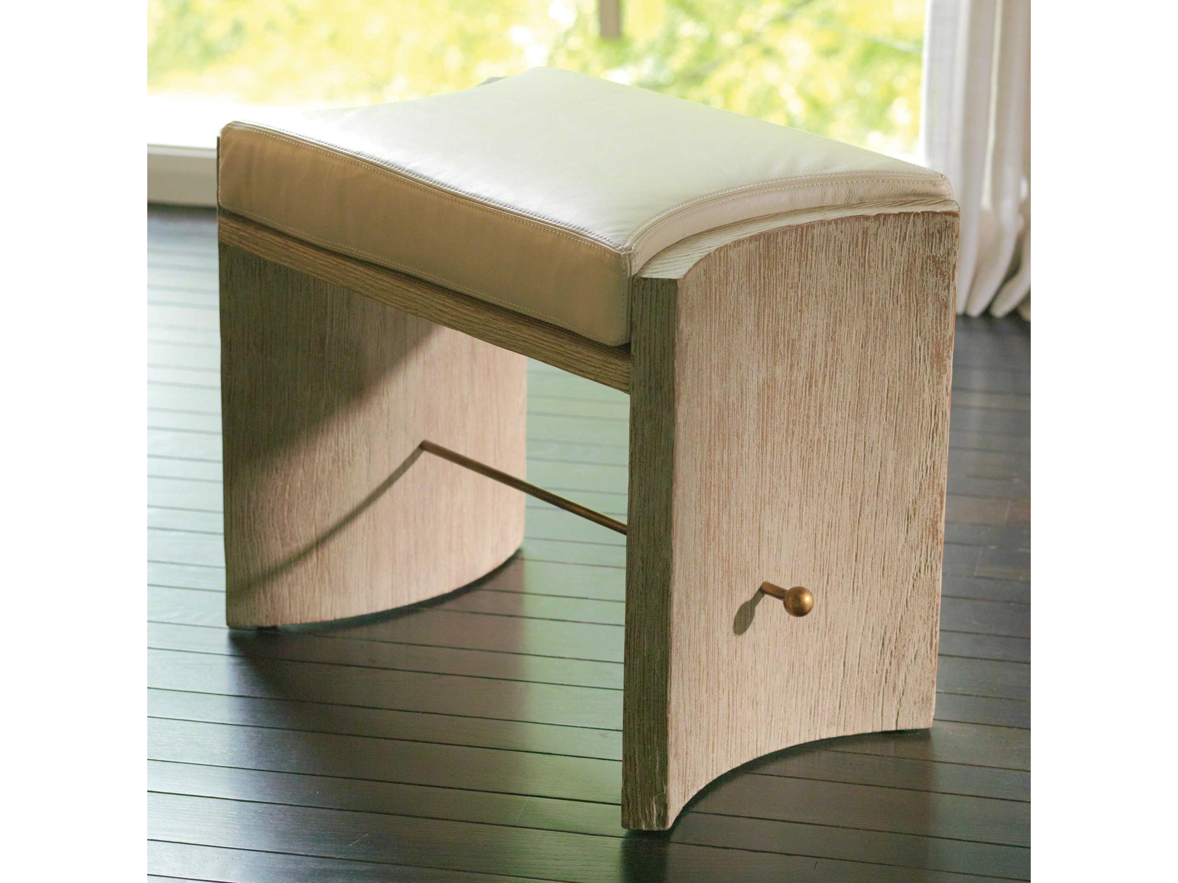 Sandblasted Brass Beige Leather White Accent Stool