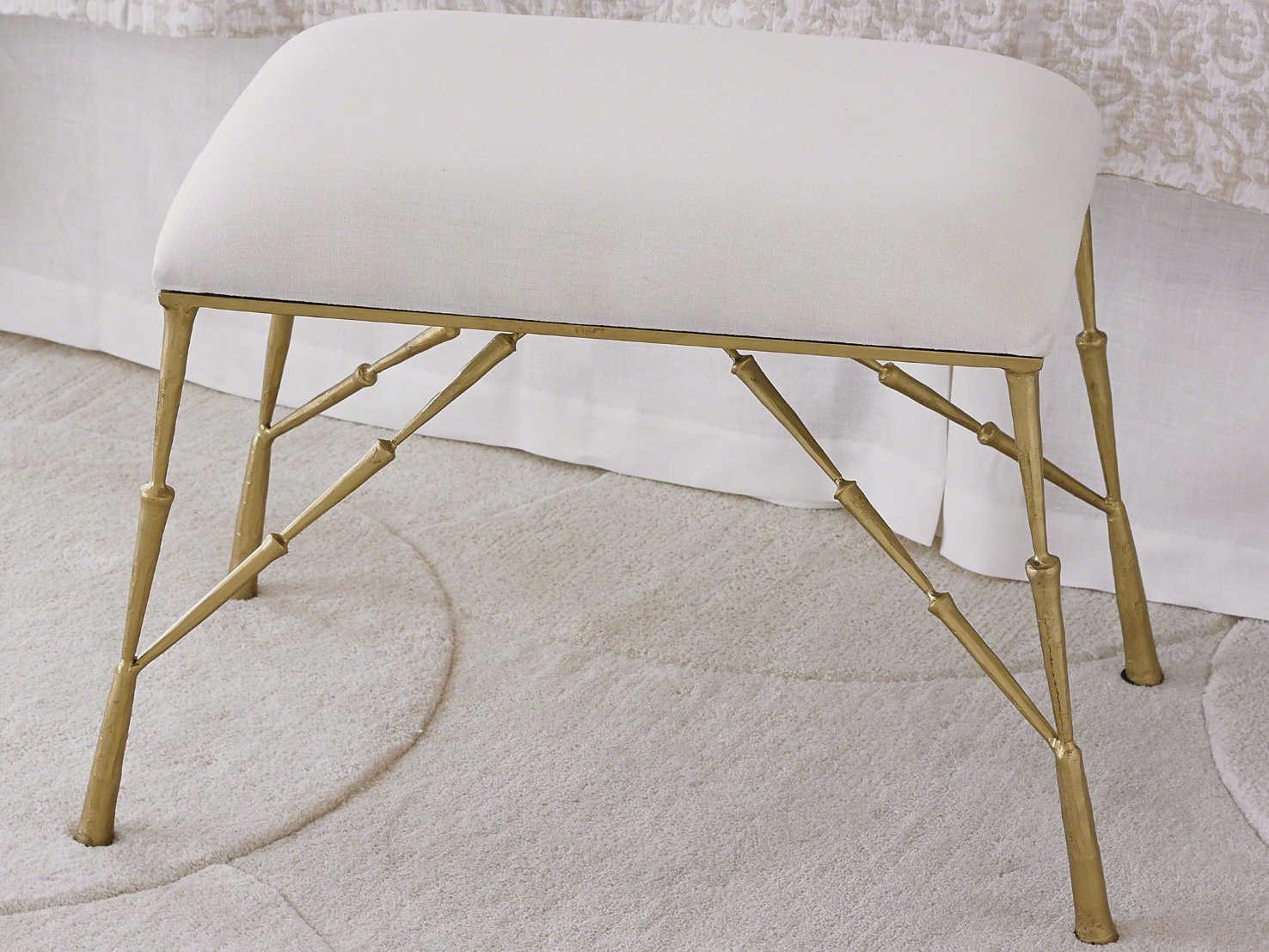 Antique Brass Gold Upholstered White Accent Stool