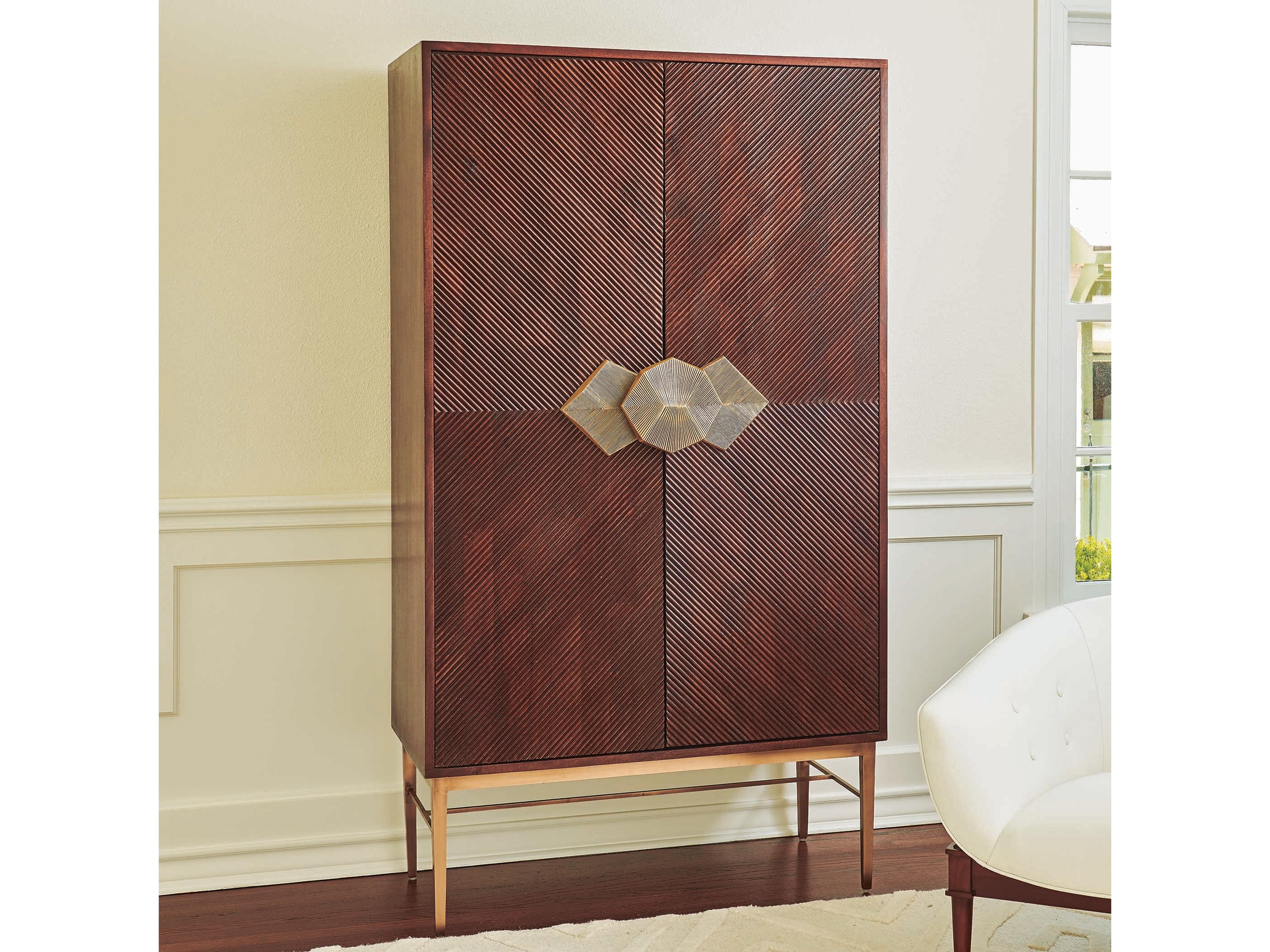 Brown Mango Wood Walnut Antique Brass Wine Bar Cabinet