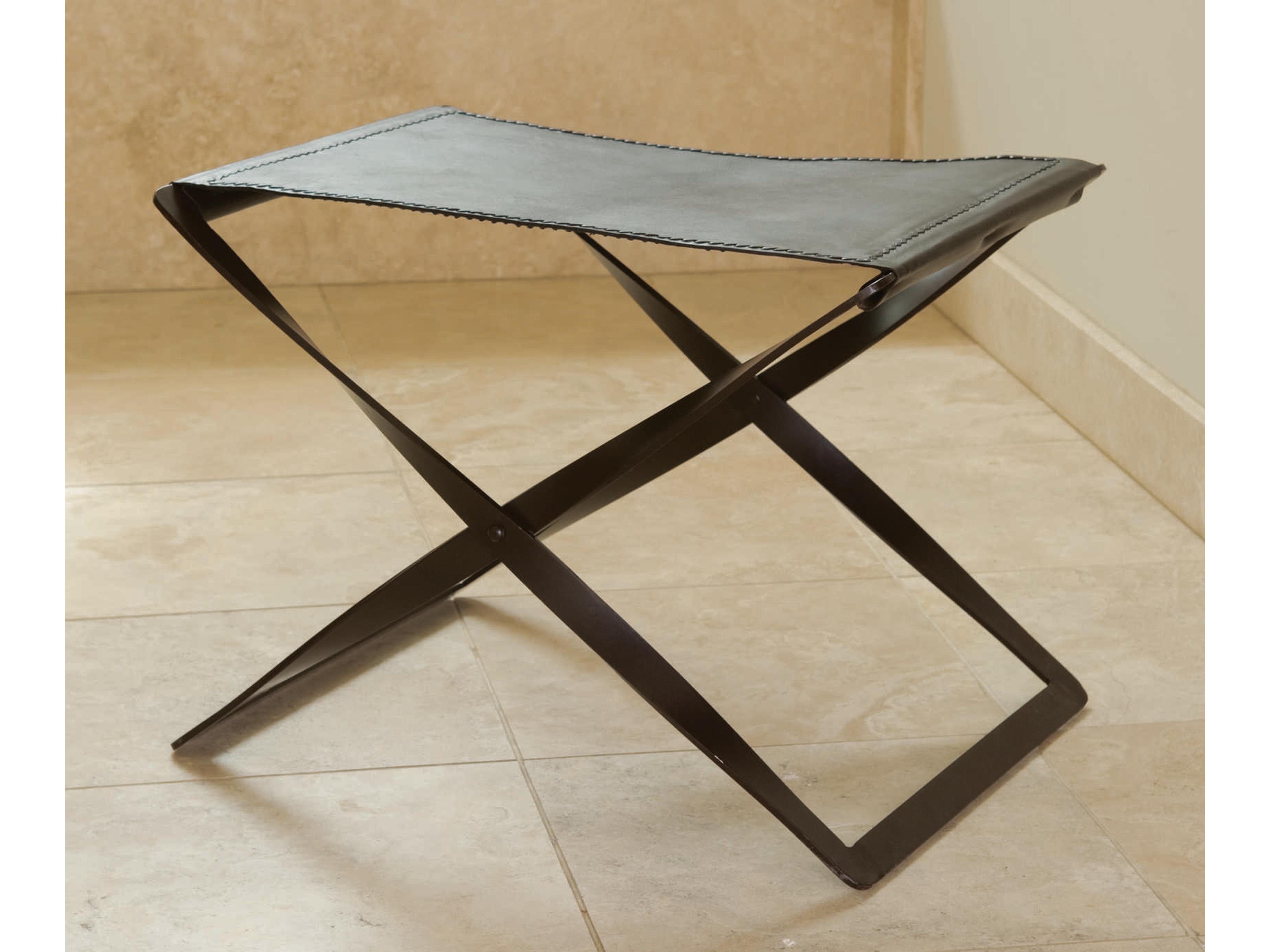 Folding Brown Leather Accent Stool