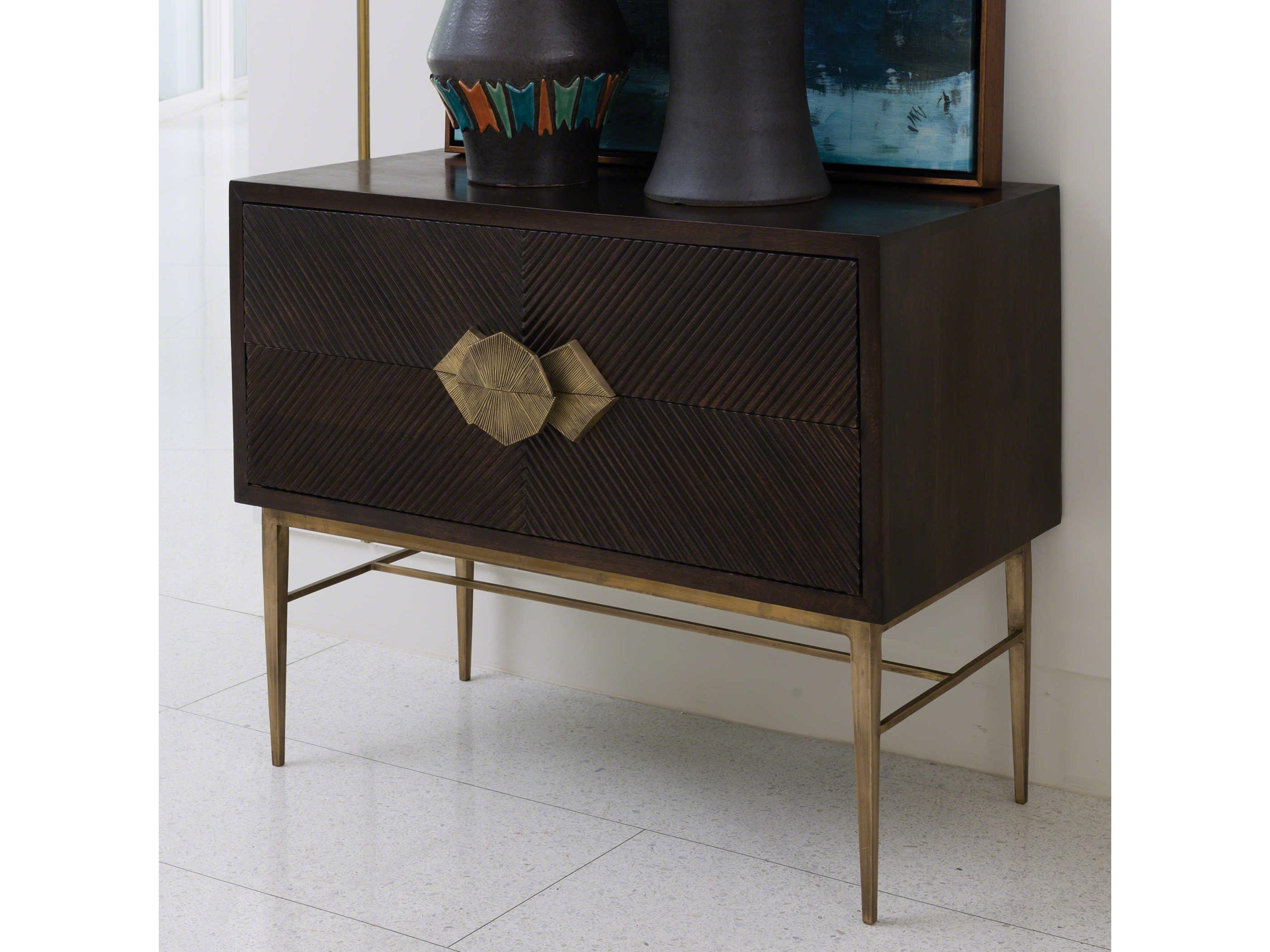 Galapagos 2-Drawers Dark Walnut Brass Brown Mango Wood Accent Chest