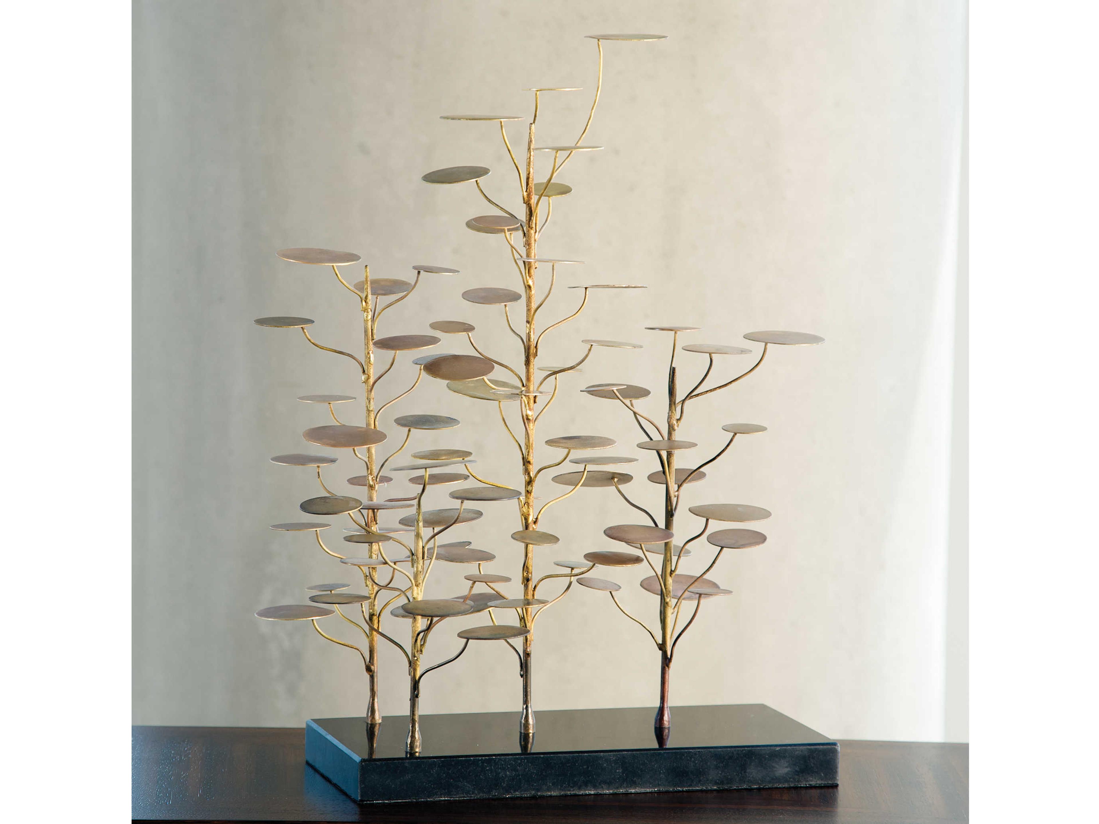 Eucalyptus Tree Sculpture in Golden Brass with Black Granite Base