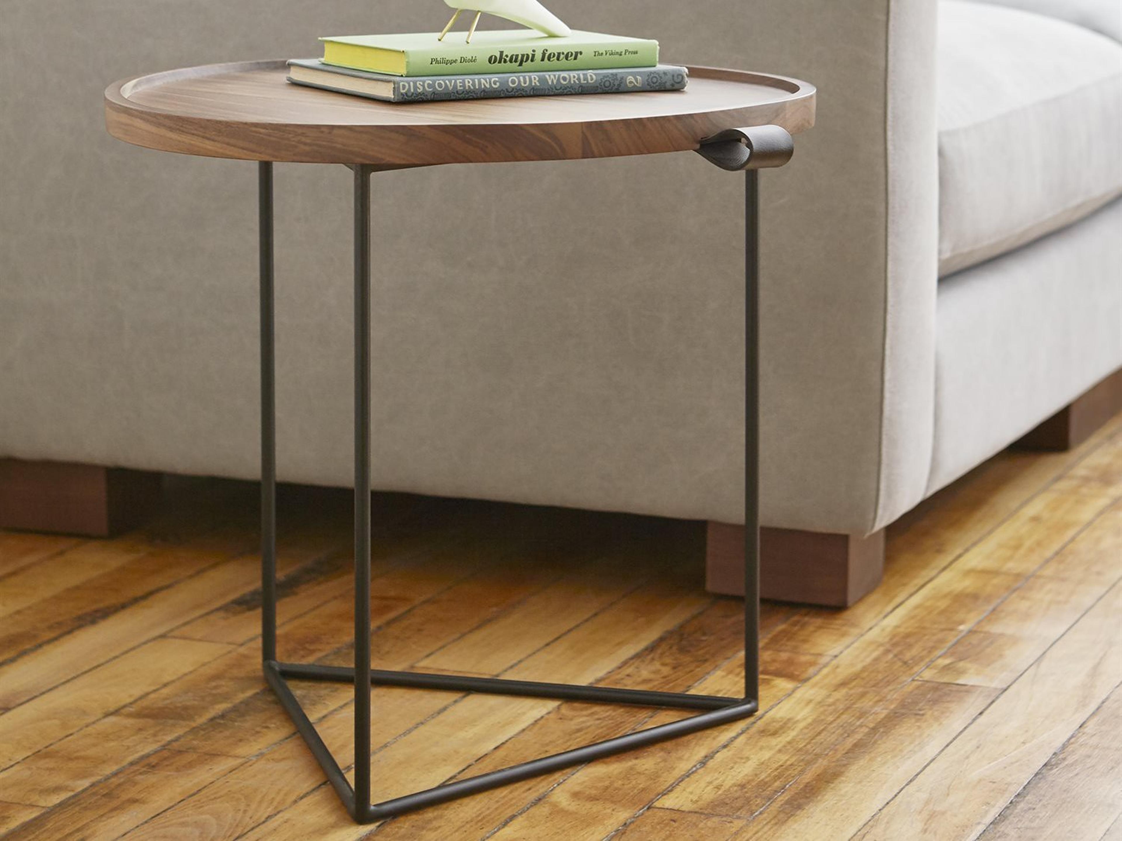 Gus* Modern Porter Round Wood Walnut Black Leather End Table