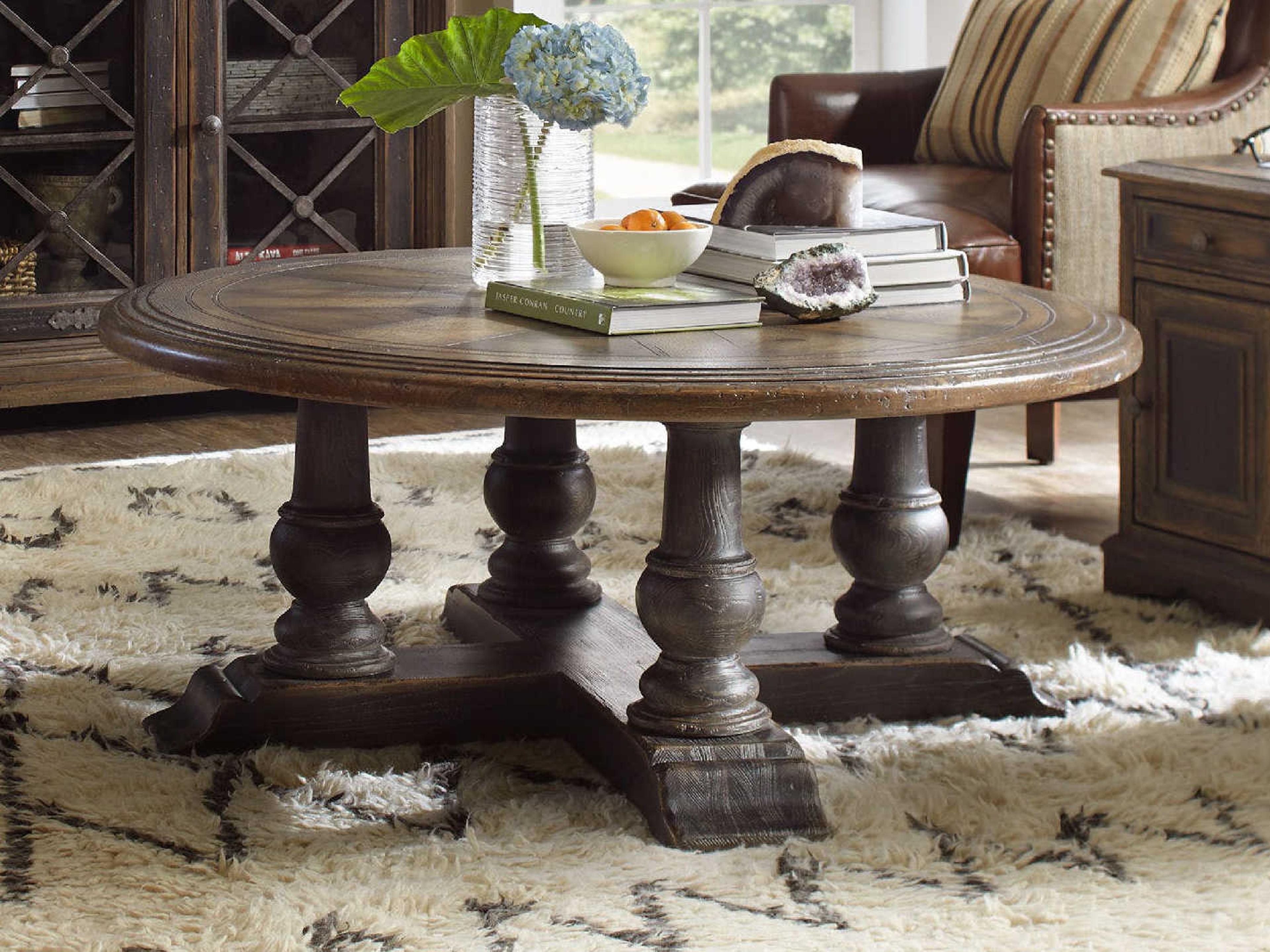 Luxecor Heritage Medina Round Wood Timeworn Saddle Brown Aged Pewter Cocktail Table