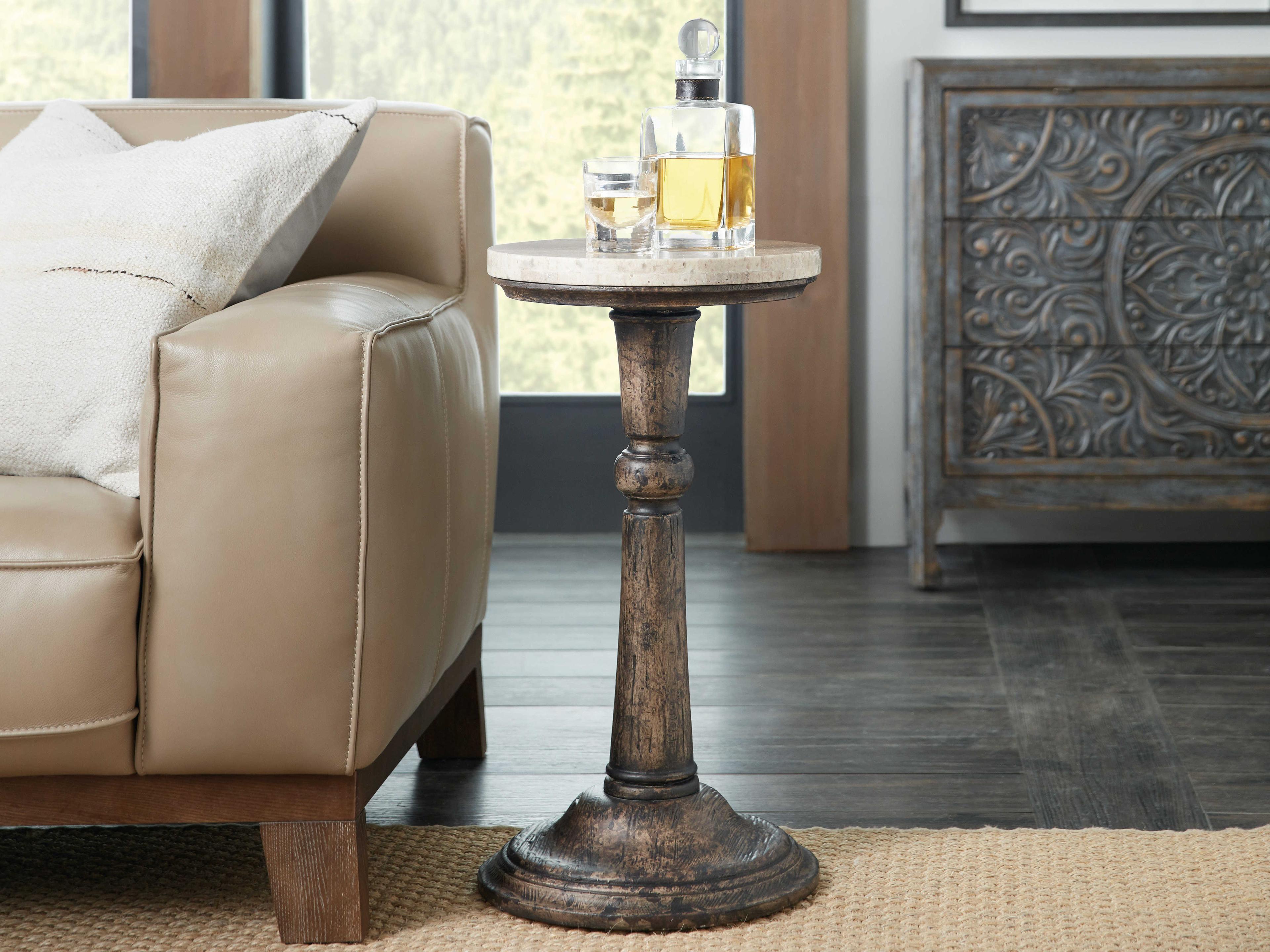 Luxecor Heritage Round Stone Dark Wood End Table
