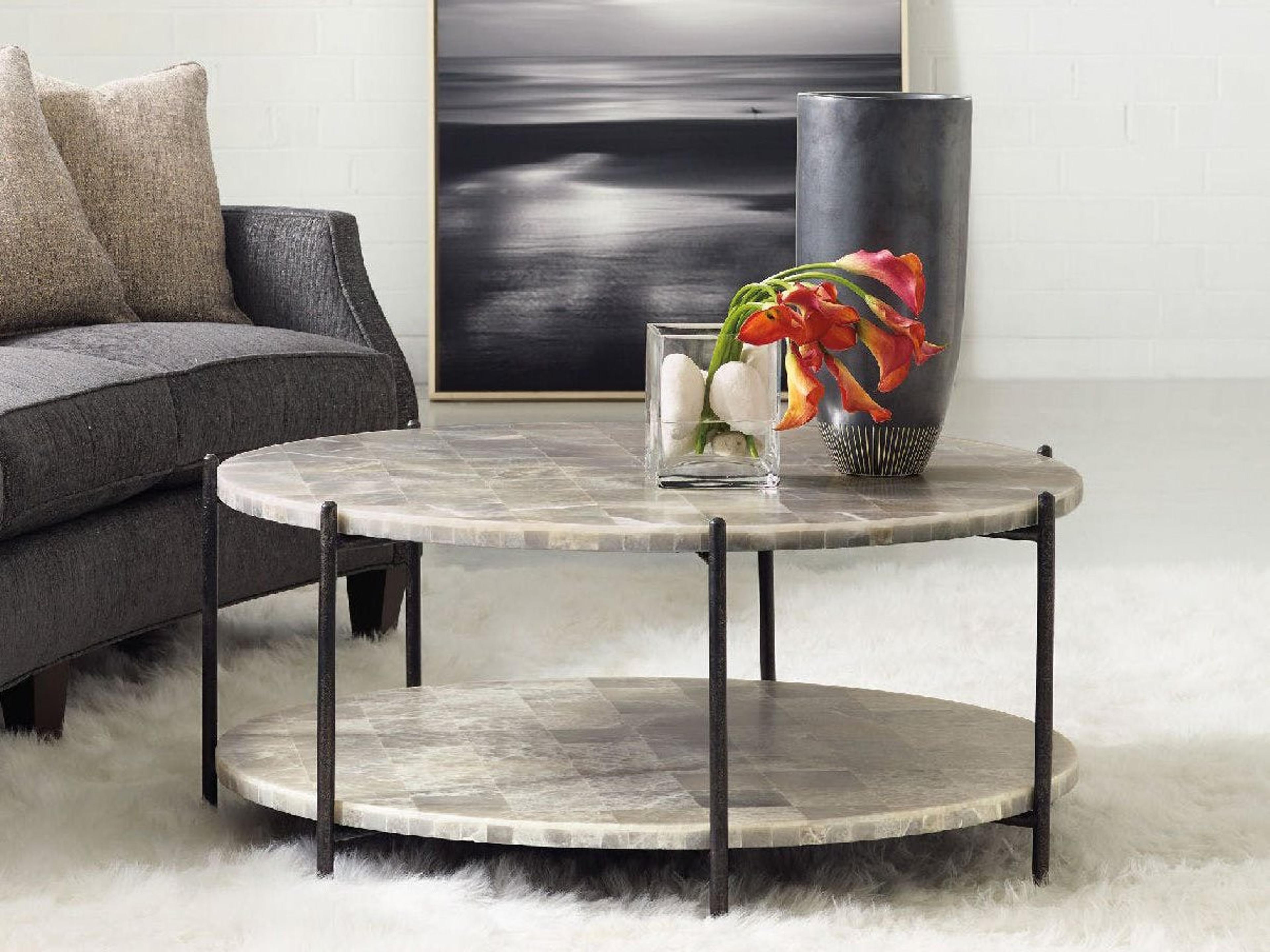 Luxecor Heritage Blythe Round Stone White Onyx Black Coffee Table