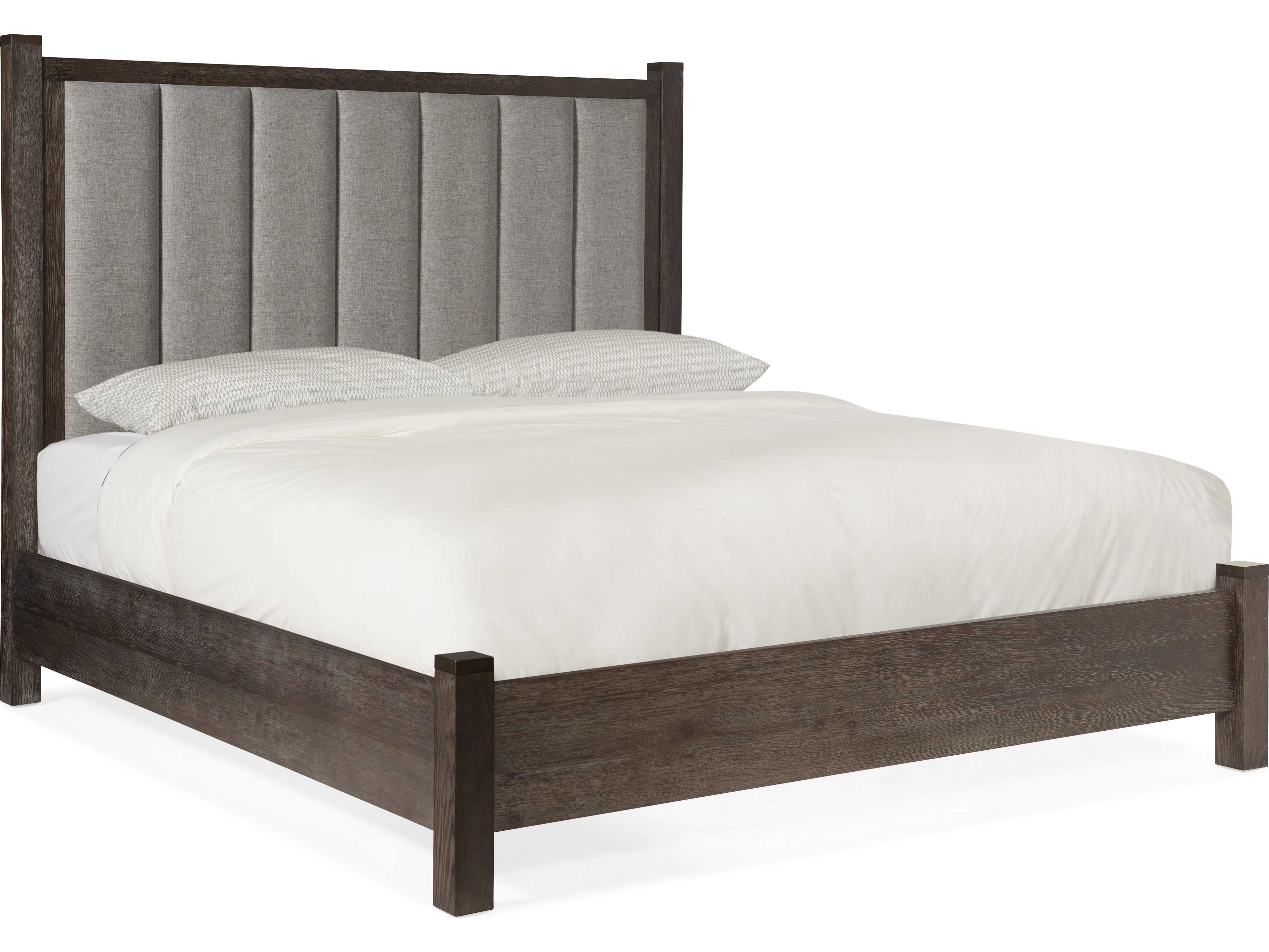 Miramar - Aventura Jackson Dark Wood Cleary Cement Brown Oak Upholstered Queen Poster Bed with Short Posts