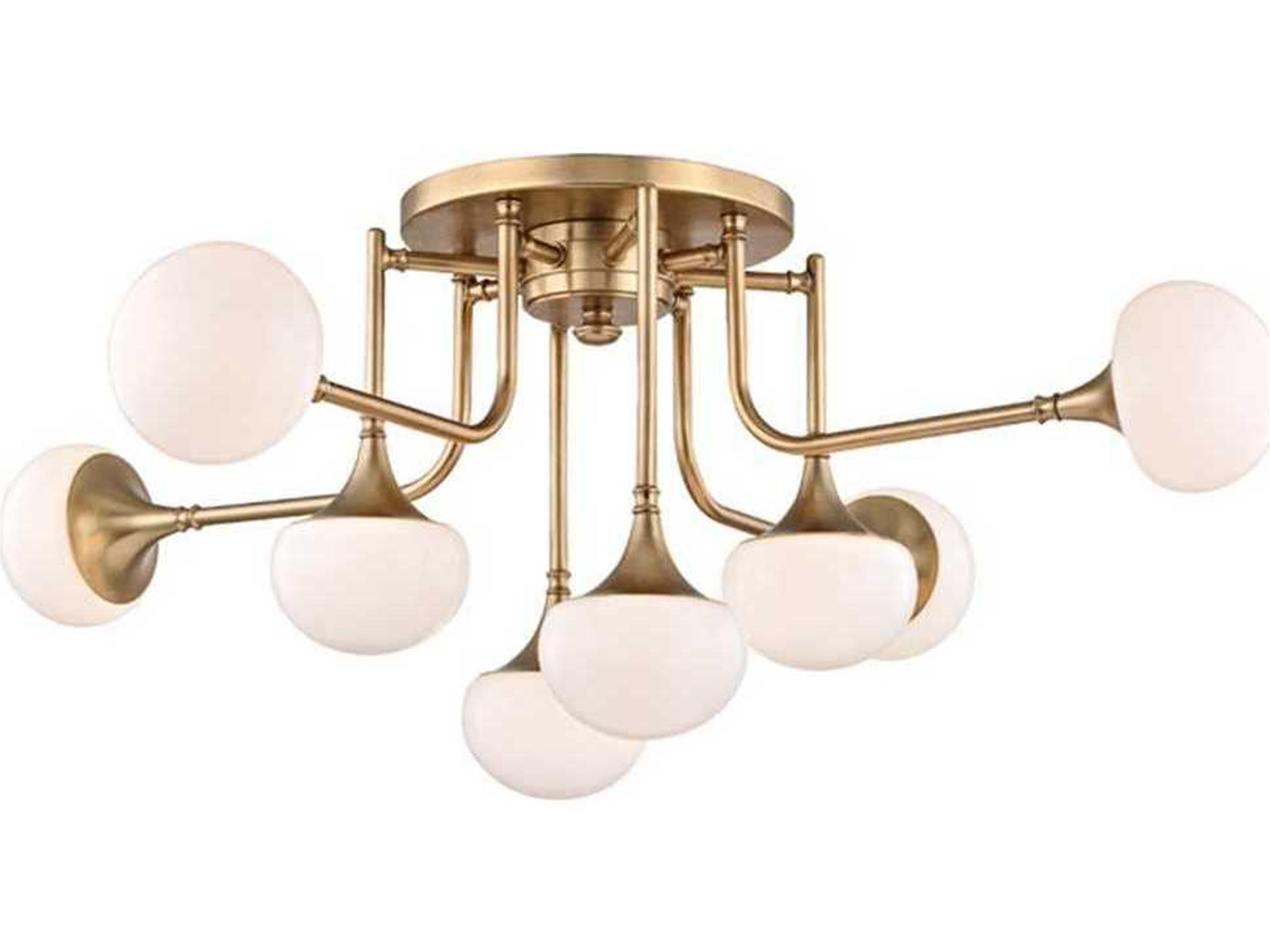 Fleming 8-Light Aged Brass Yellow Glass LED Globe Round Semi Flush Mount