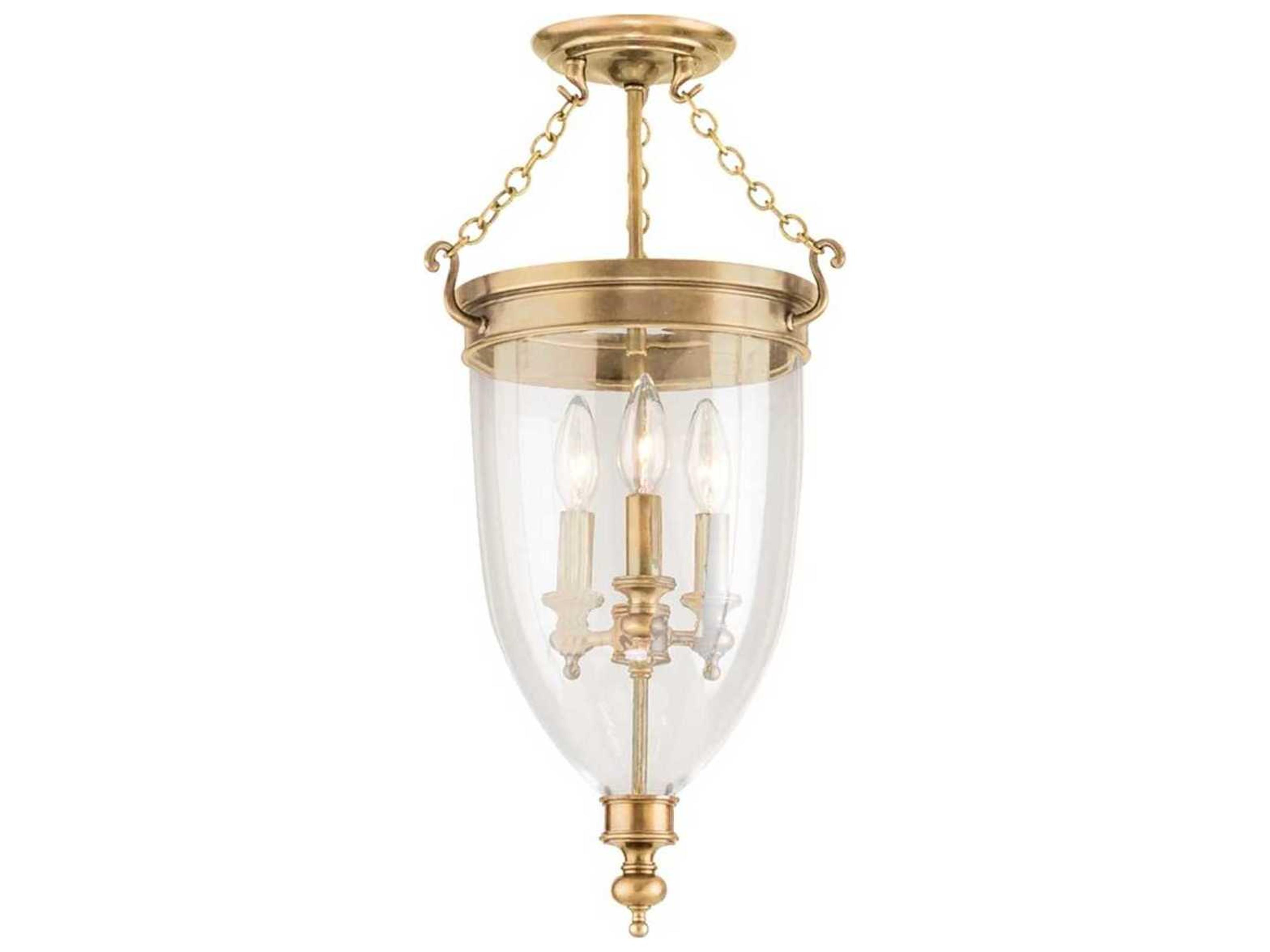 Hanover 3-Light Aged Brass Clear Glass Bell Semi Flush Mount