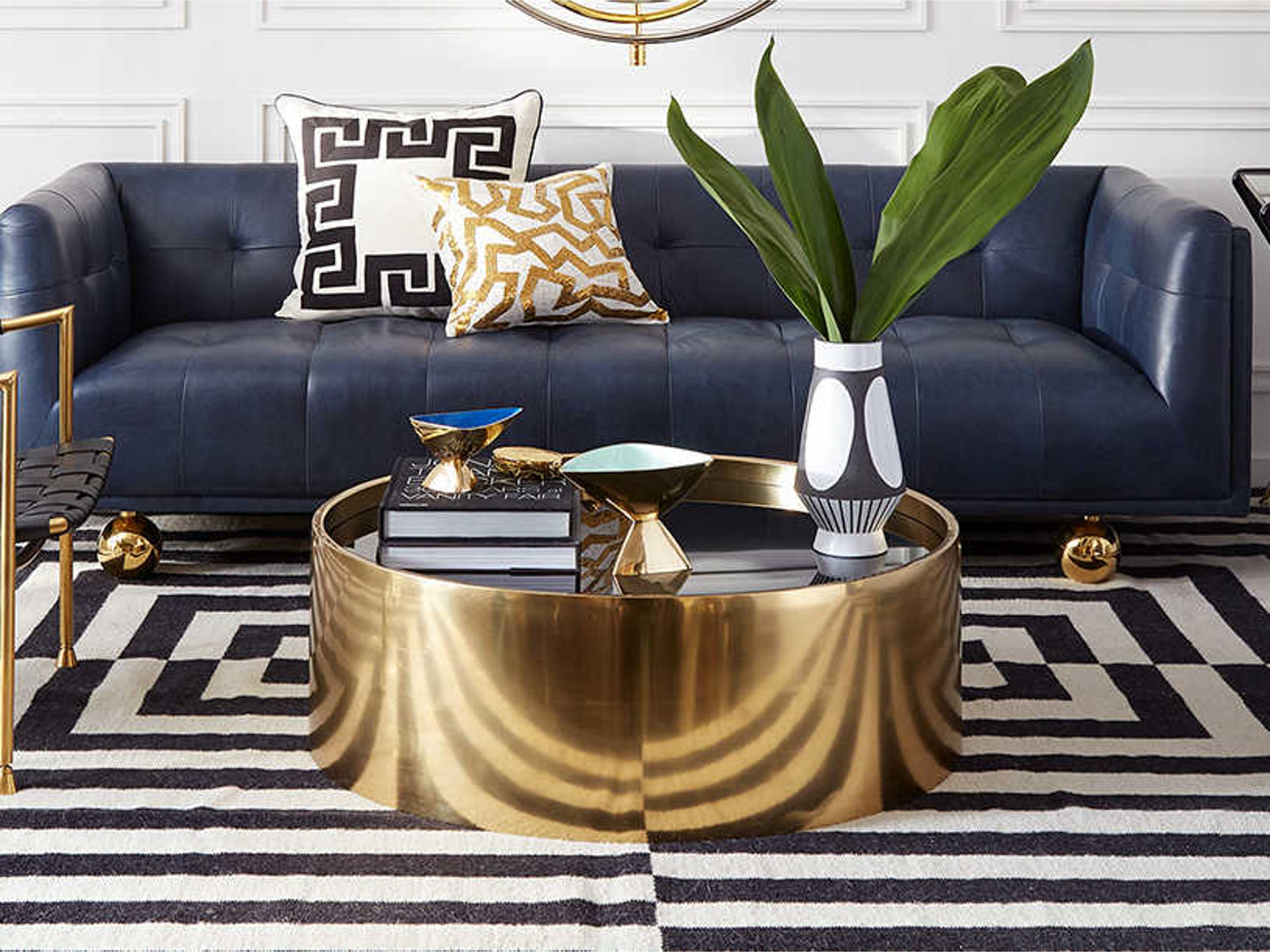 Jonathan Adler Alphaville Round Honed Brass Black Glass Coffee Table