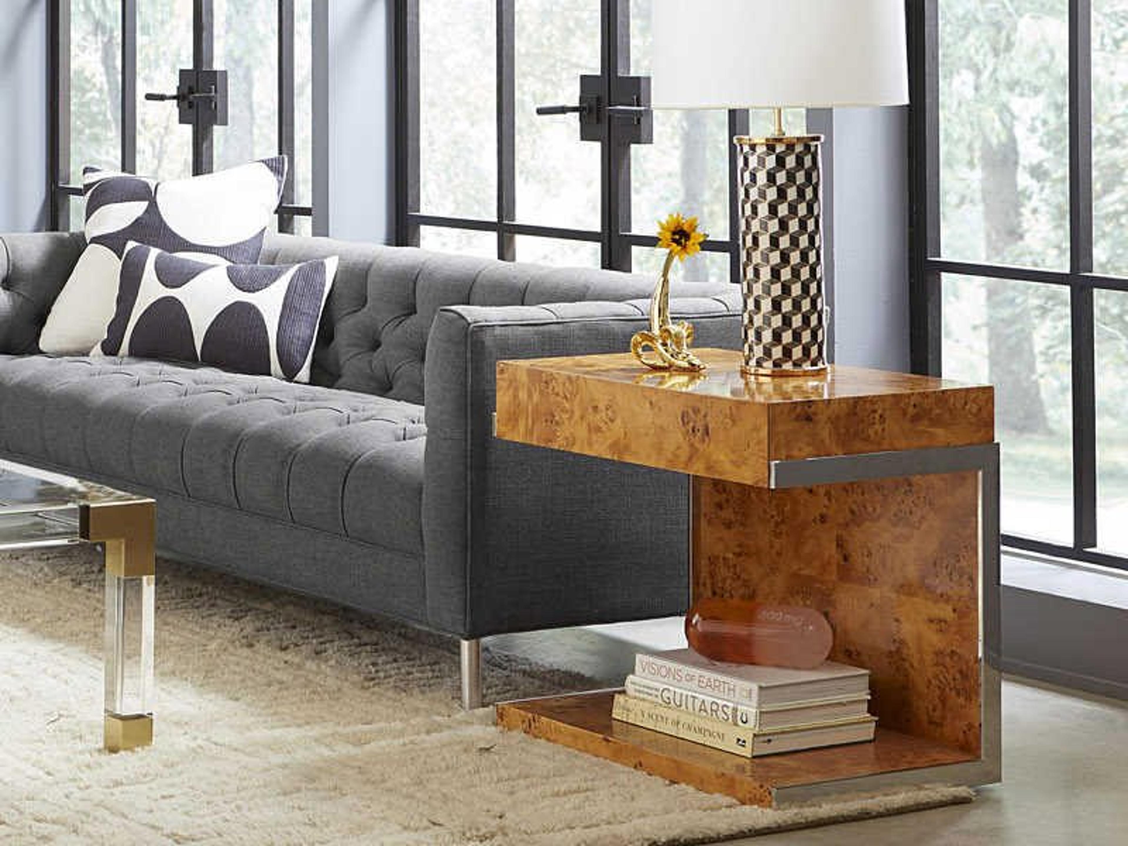 Jonathan Adler Bond Rectangular Wood Burled Mappa Stainless Steel End Table