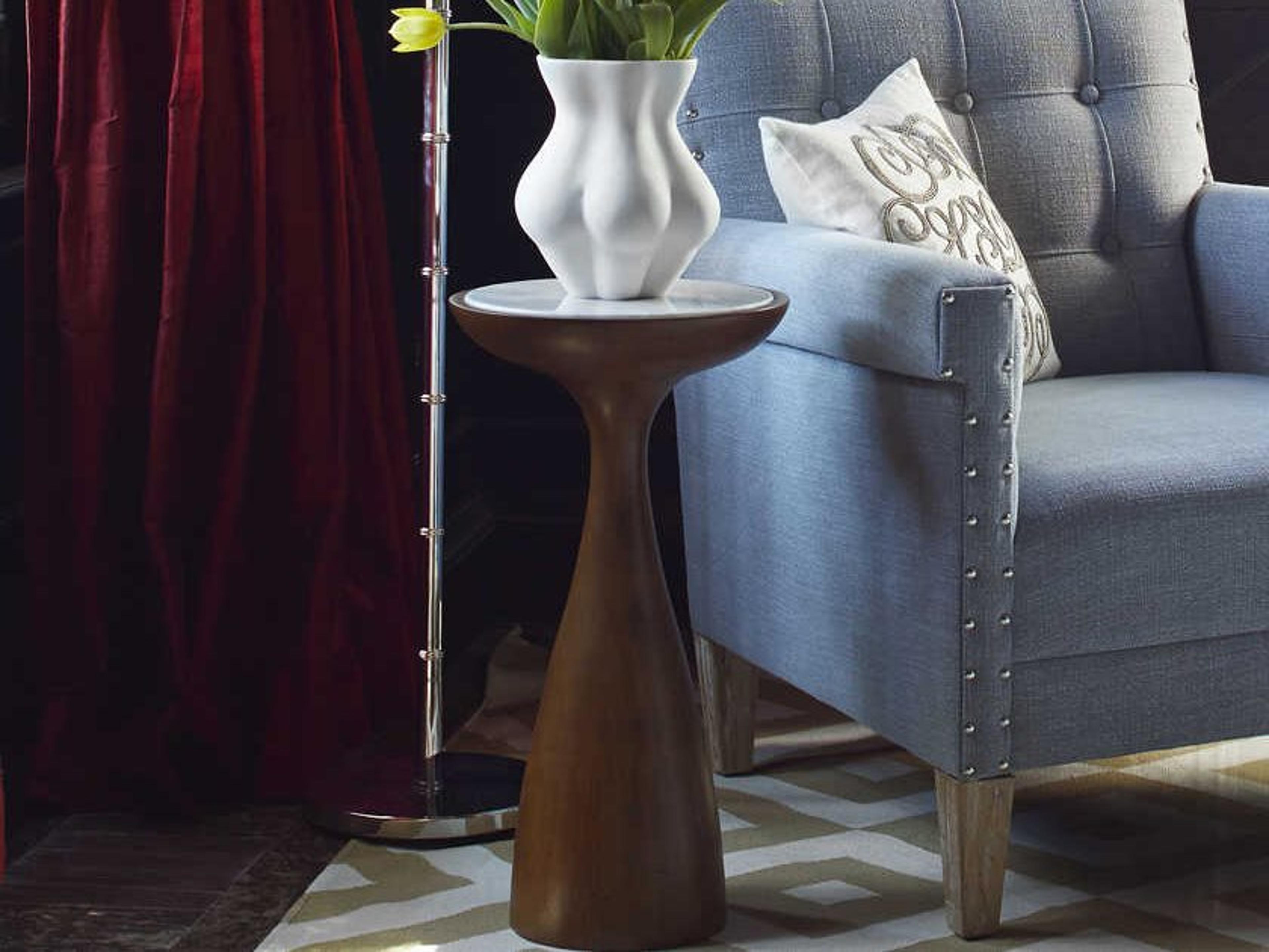 Jonathan Adler Buenos Aires Round White Volakas Marble Mahogany End Table