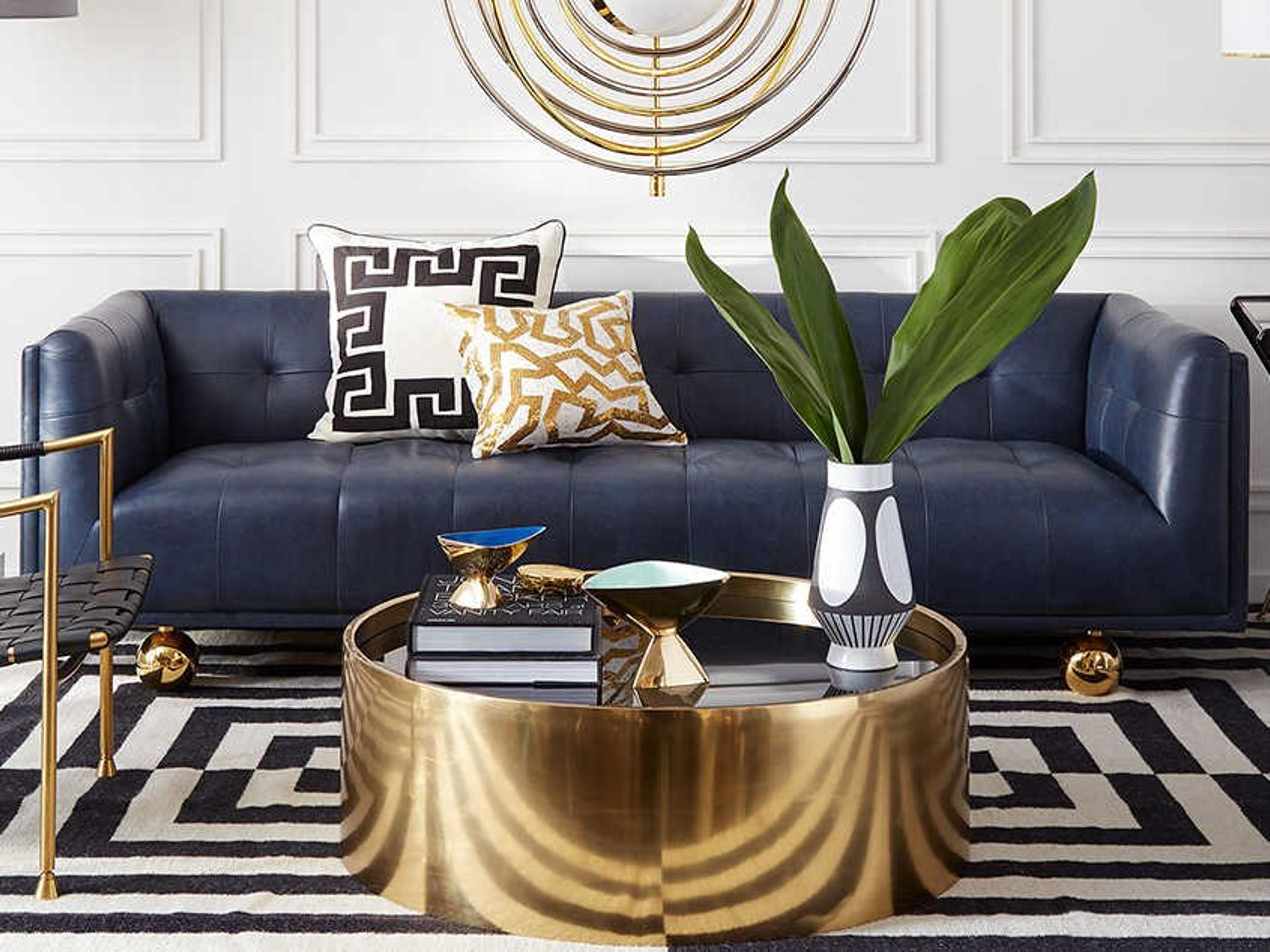 Jonathan Adler Claridge Brogue Navy Blue Leather Sofa