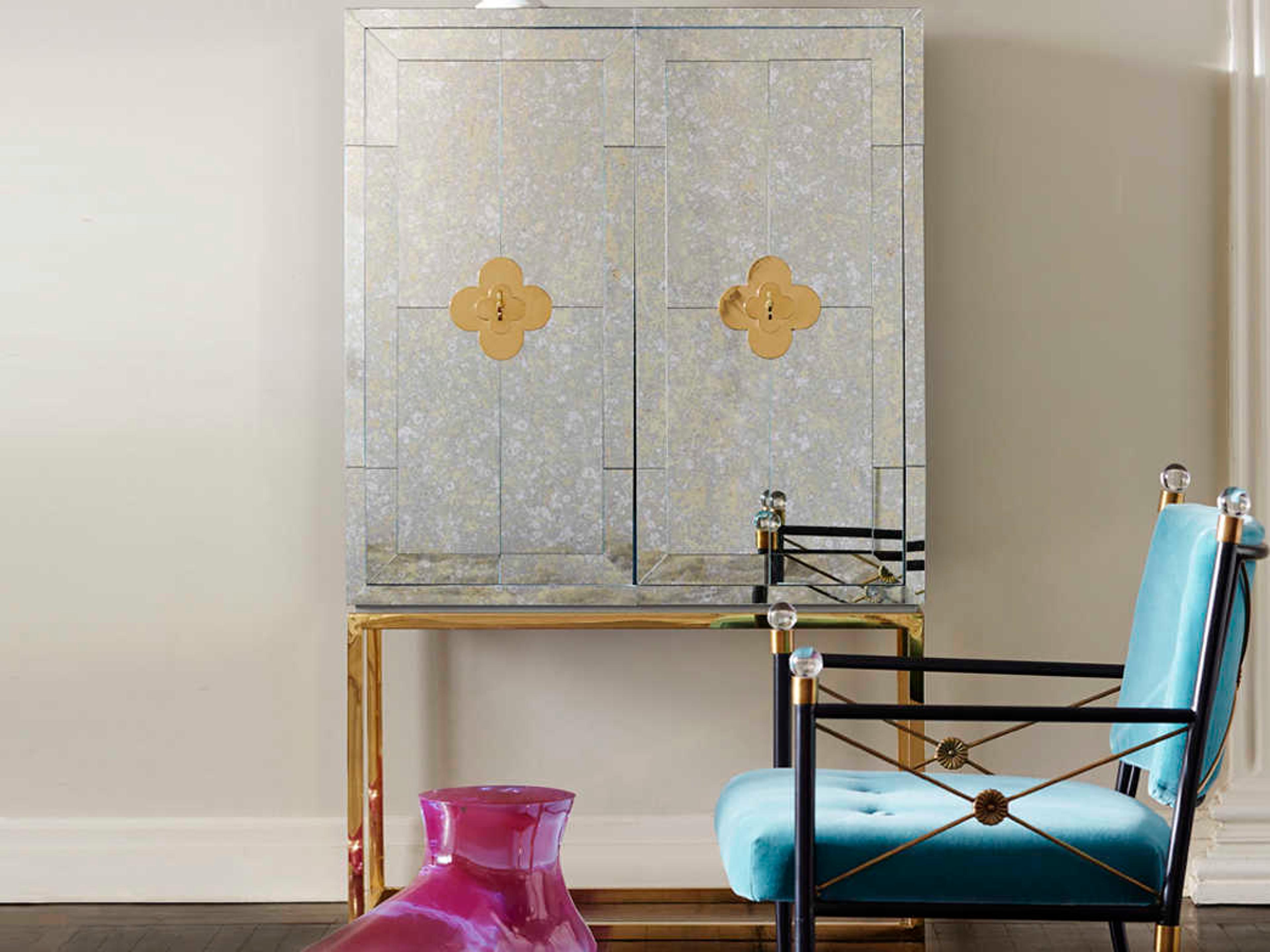 Jonathan Adler Delphine Mirrored Antiqued Mirror Brass Bar Cabinet