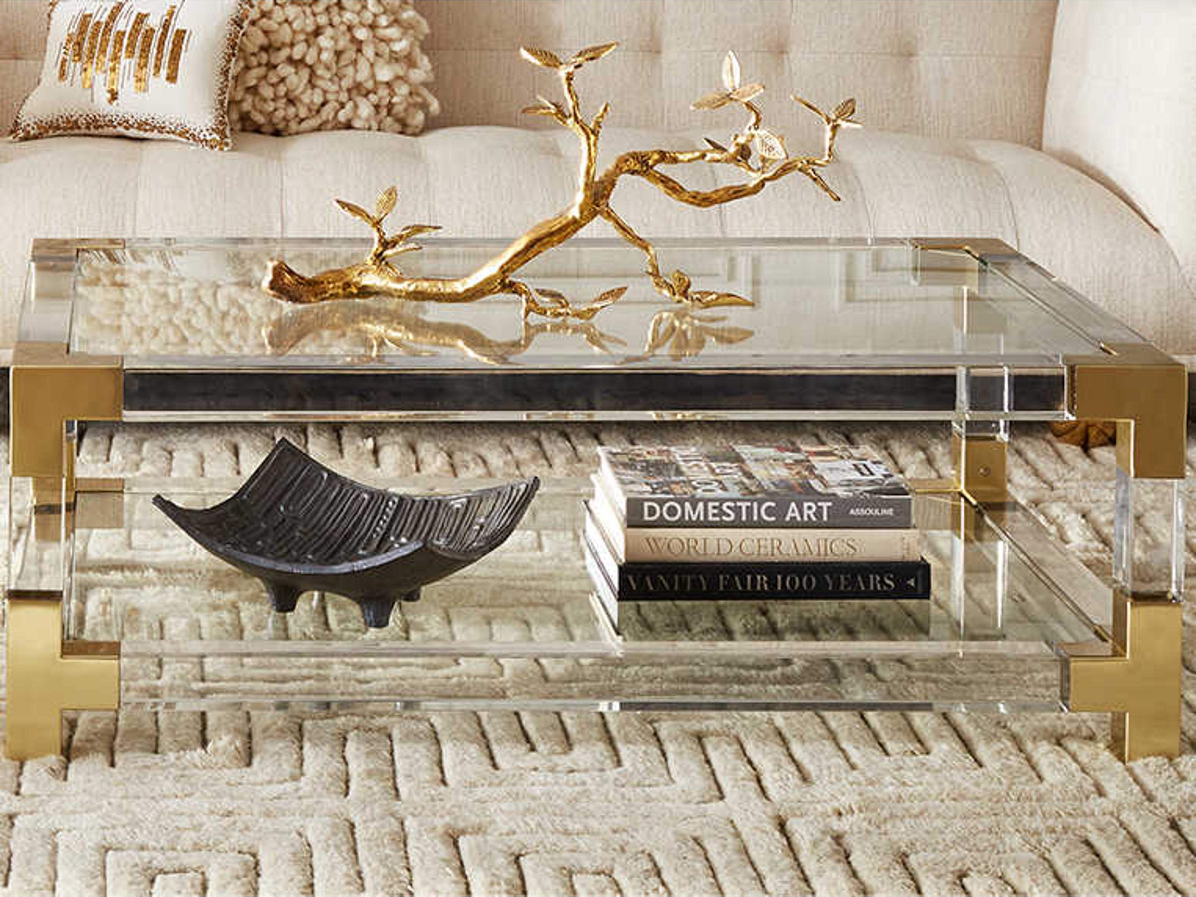 Jonathan Adler Jacques Rectangular Glass Clear Brass Coffee Table