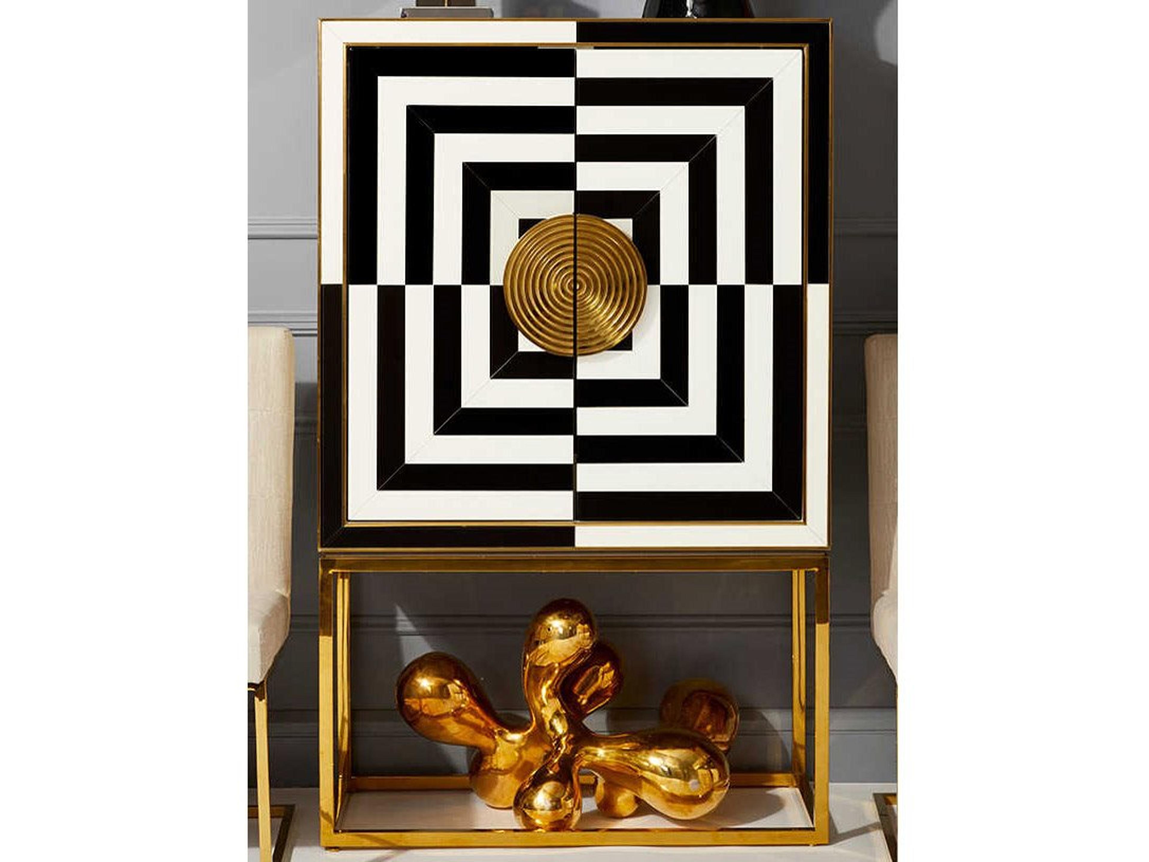 Jonathan Adler Op Art White Charcoal Ivory Bar Cabinet