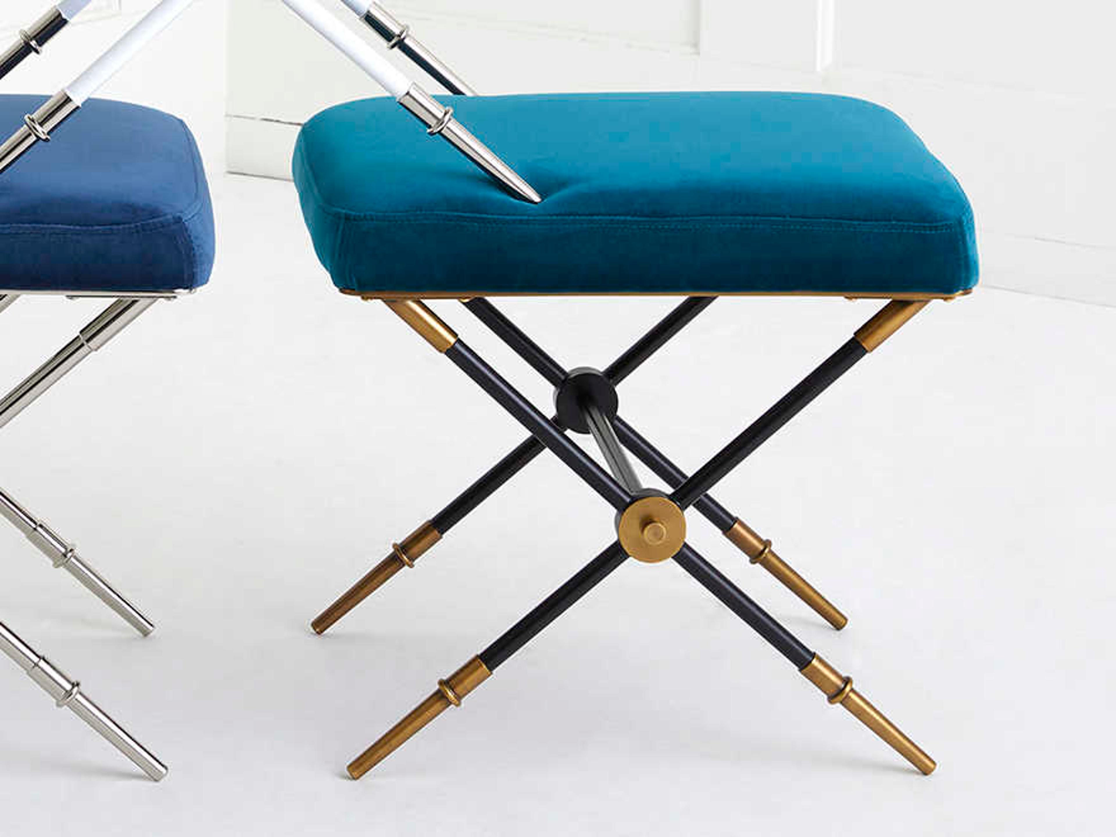 Jonathan Adler Rider Rialto Peacock Blue Velvet Upholstered Accent Bench