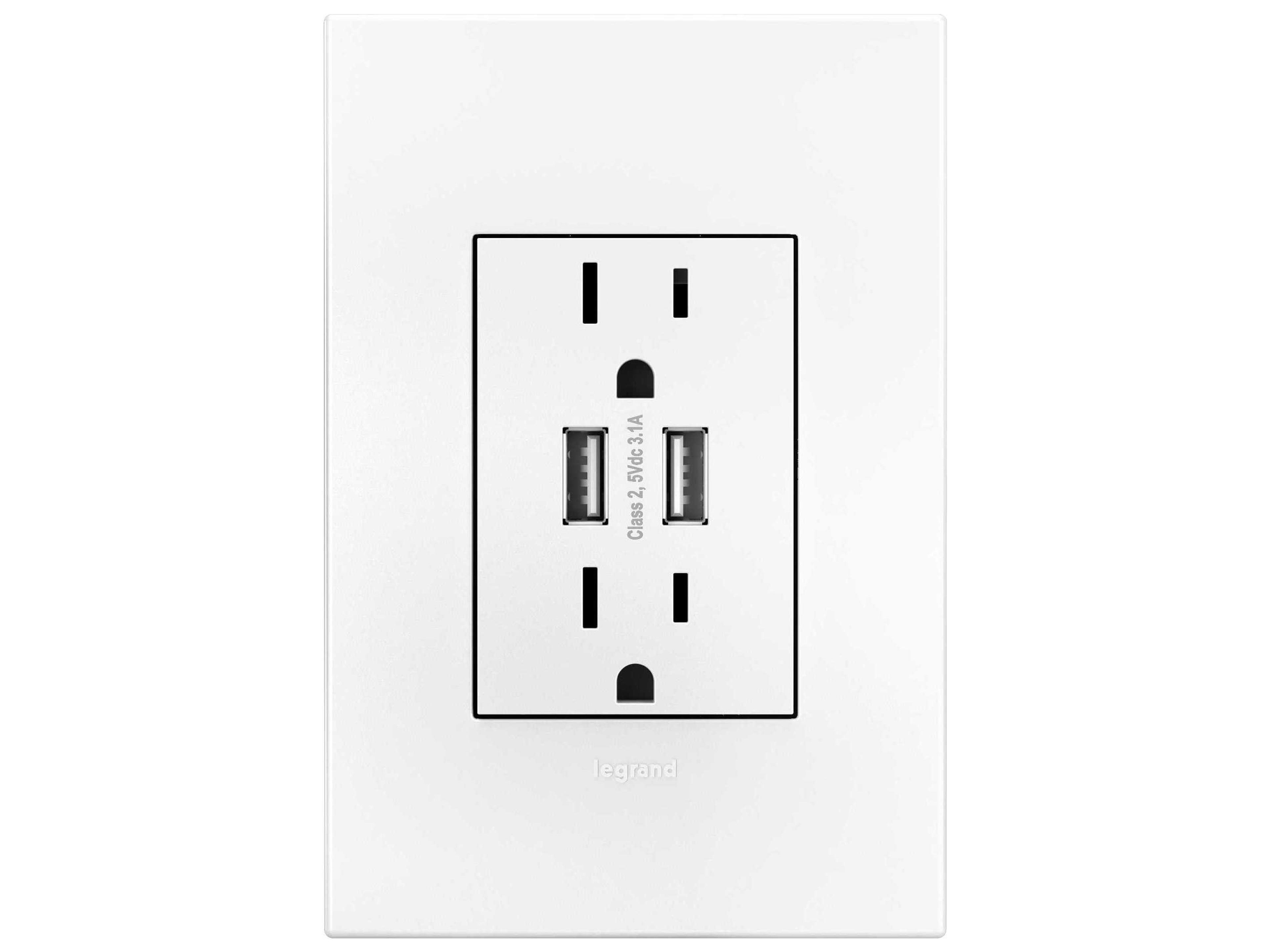 Outlets White Dual USB Plus-Size Outlet Combo with Matching Wall Plate