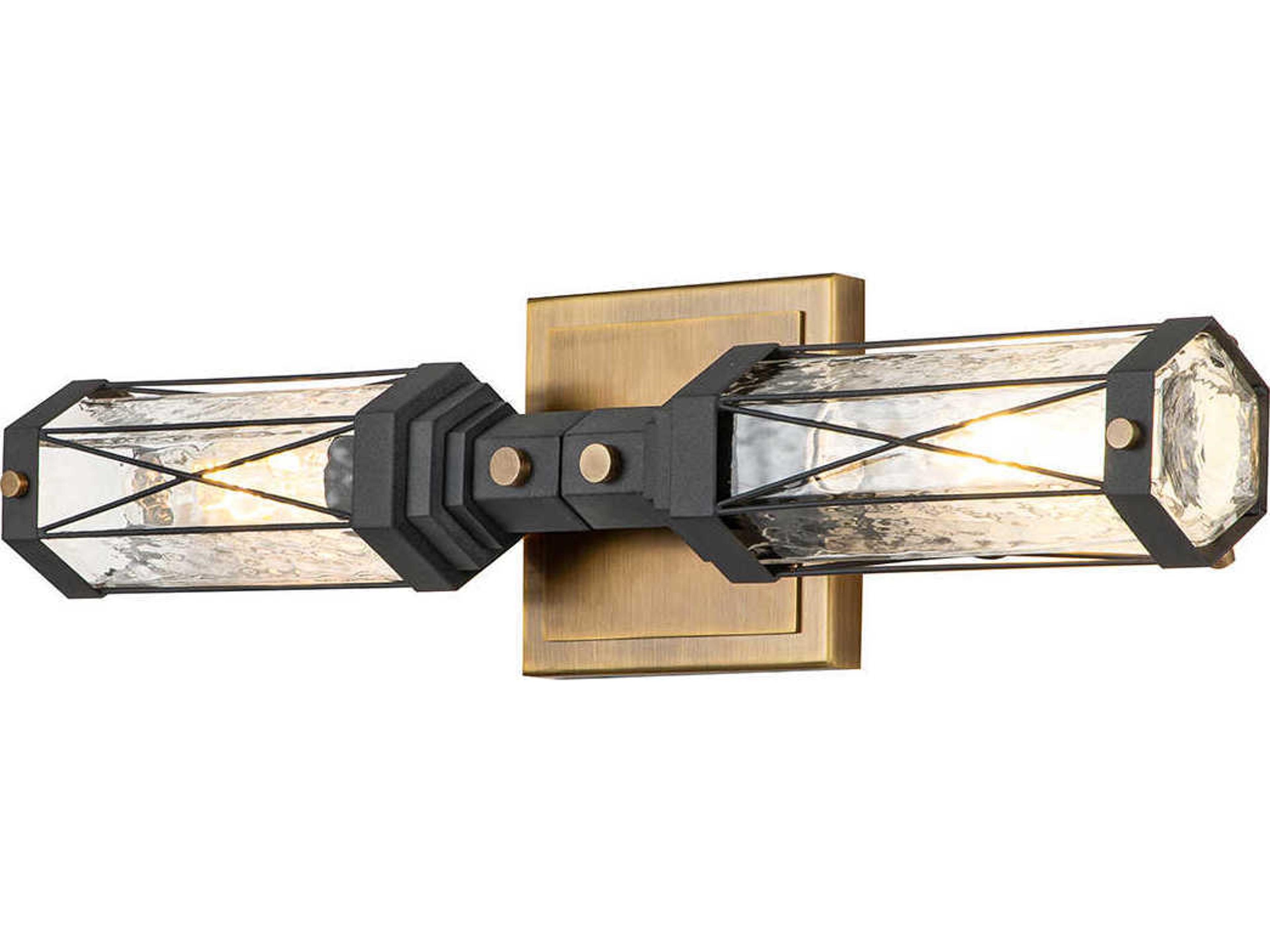 Abbey 2-Light Weathered Zinc Antique Brass Black Glass Vanity Light