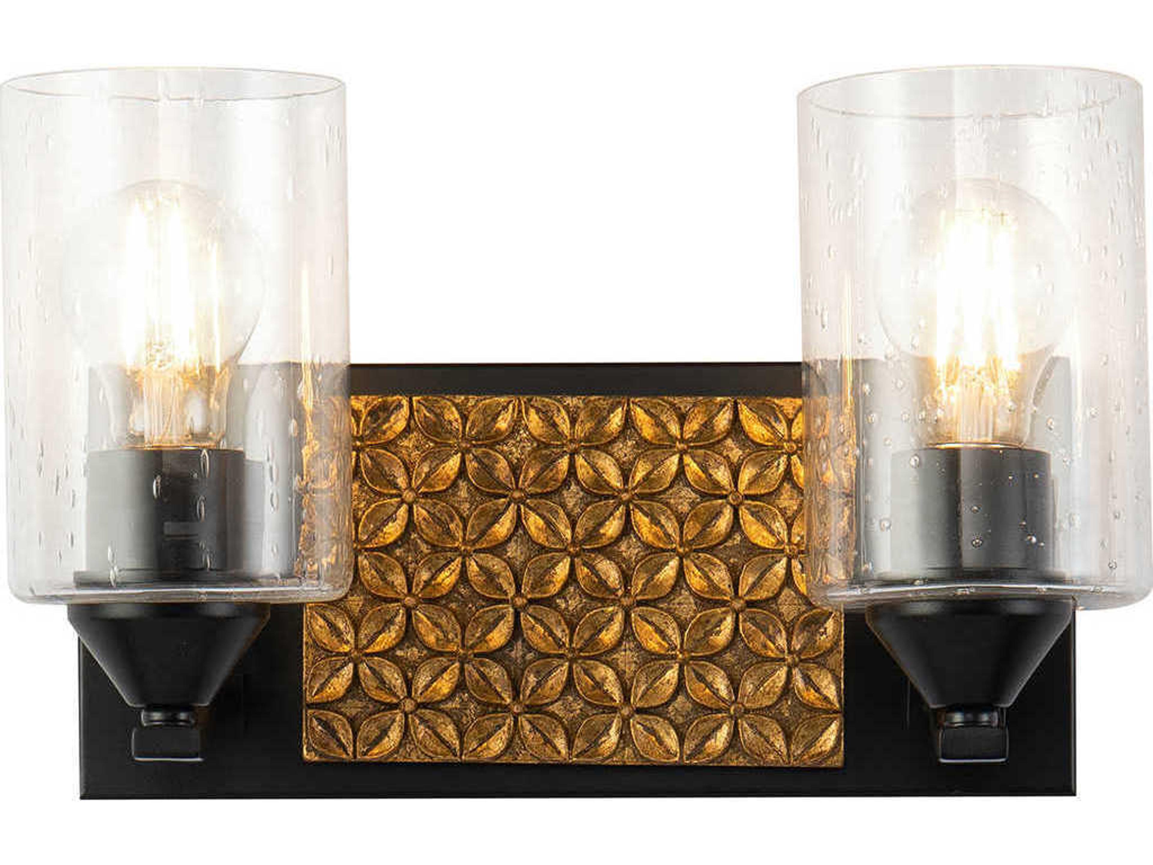 Arcadia 2-Light Matte Black Antiqued Gold Leaf Glass Vanity Light