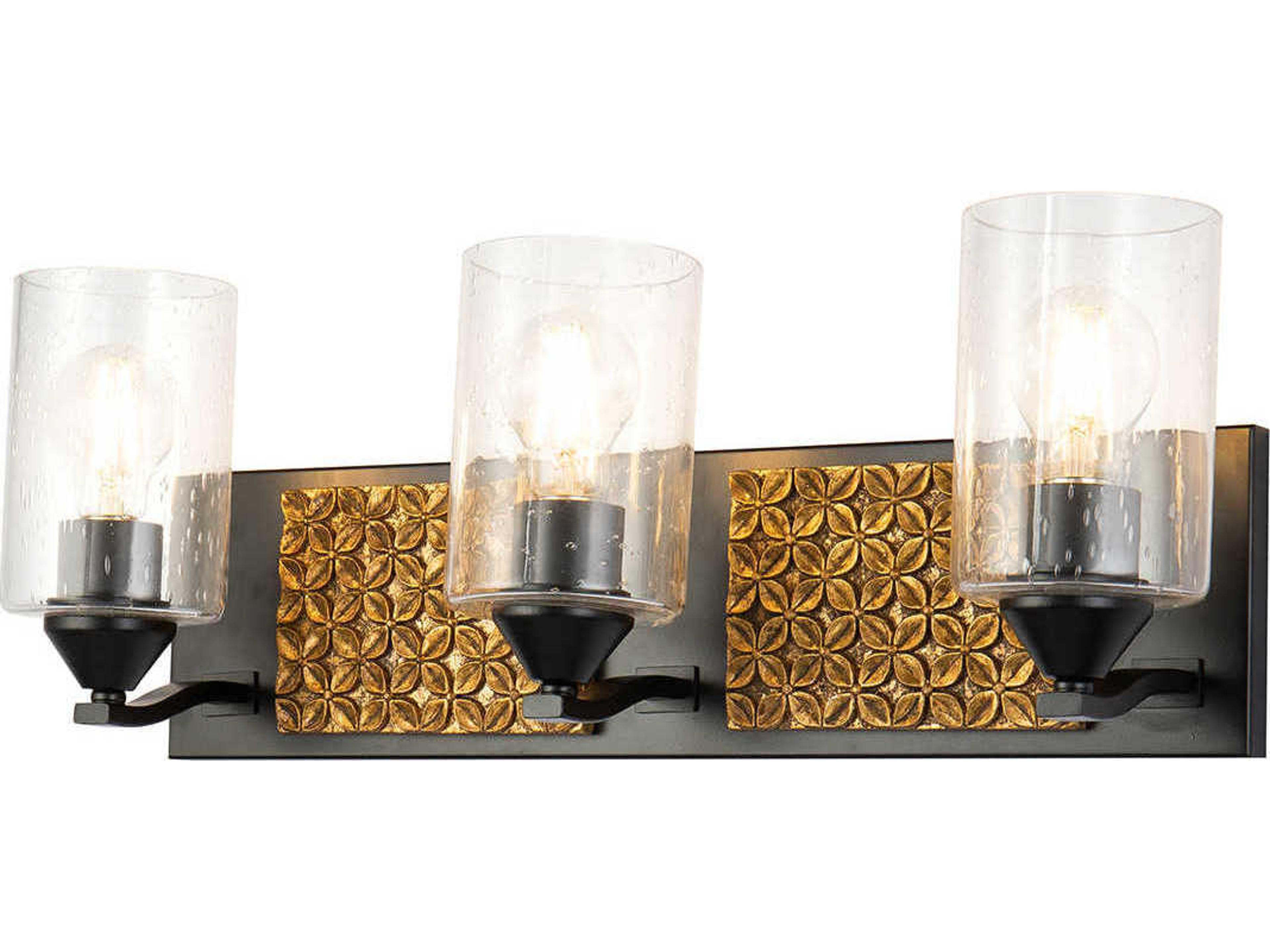 Arcadia 3-Light Matte Black Antiqued Gold Leaf Glass Vanity Light